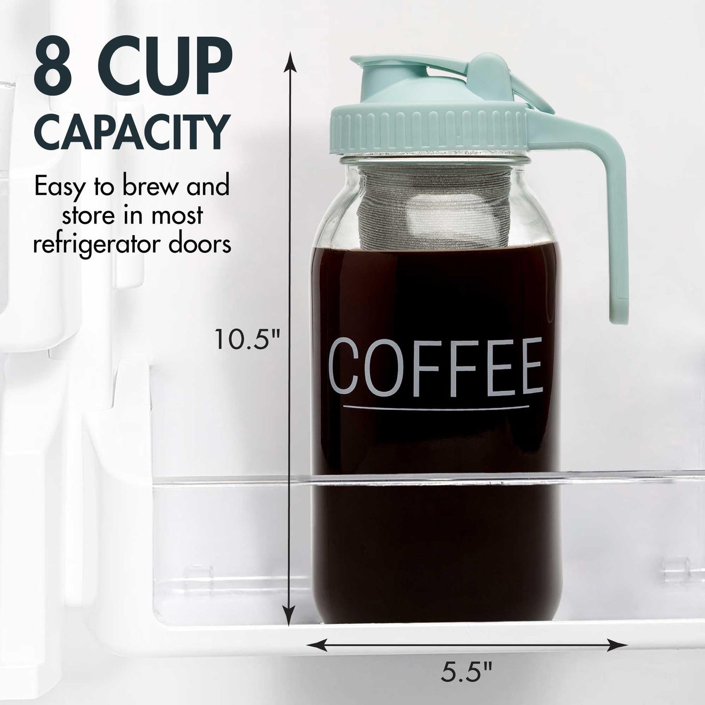 Primula Mason Jar Cold Brew Iced Coffee Maker with Stainless Steel Filter and Easy Pour Lid, Durable Glass Pitcher Fits in Most Fridge Doors, Dishwasher Safe, Made without BPA, 2-Quart, Aqua