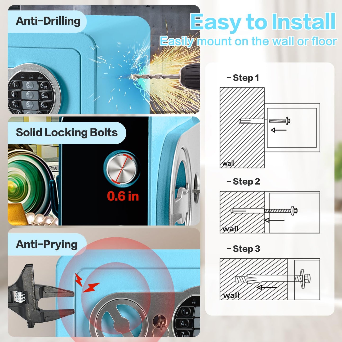0.23 Cubic Feet Safe Box, Small Safe W/Fireproof Bag, Keys & Pass Code, Digital Electronic Security Money Box for Cash, Document, Home, Office, Hotel Use, Blue, 6.69"D x 9.06"W x 6.69"H