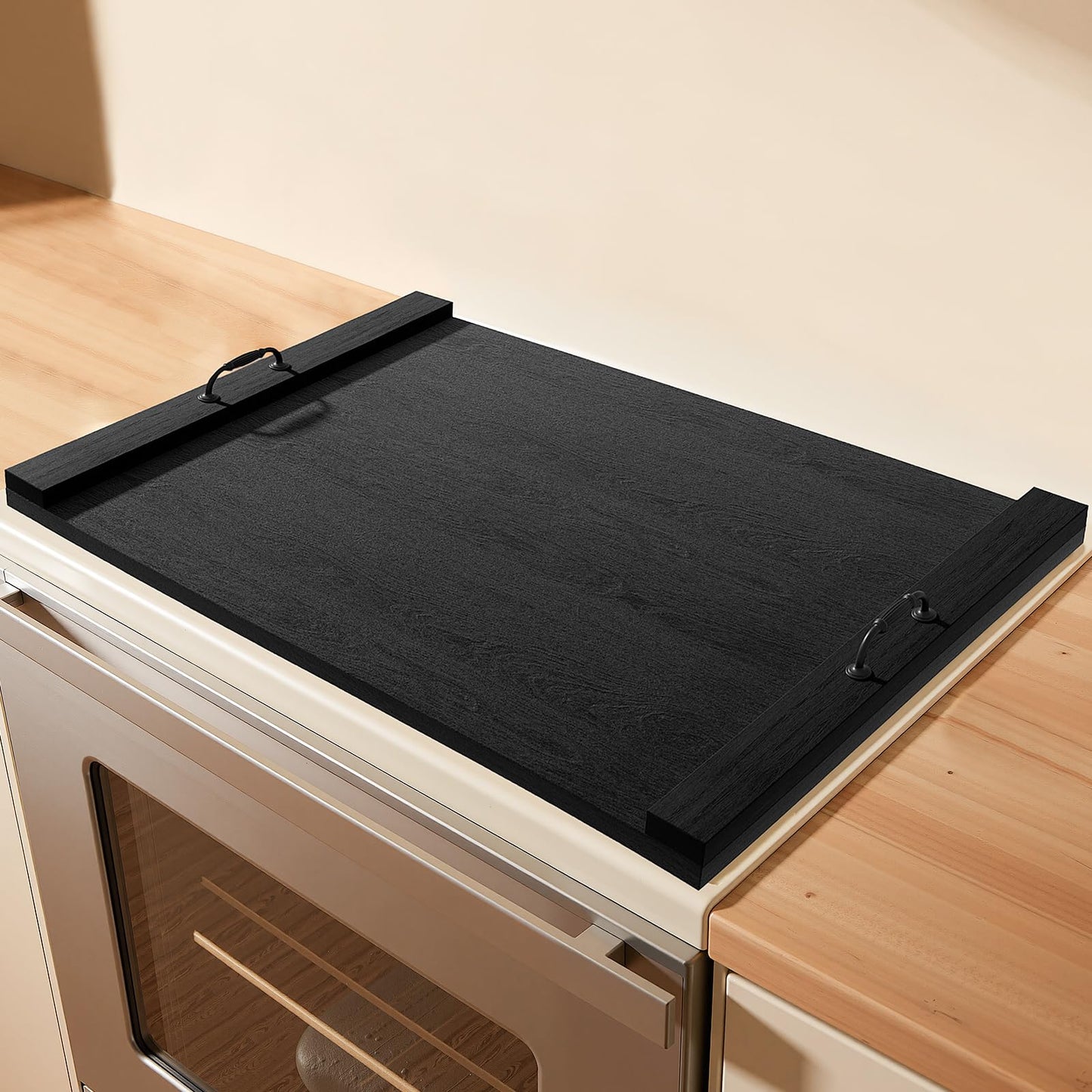 TIRYIUOU Gas Stove Top Cover: Wooden 30 * 22 Inches Electric Stovetop Covers, Noodle Board with Handles, Wood RV Cutting Board for Kitchen Counter (Black)