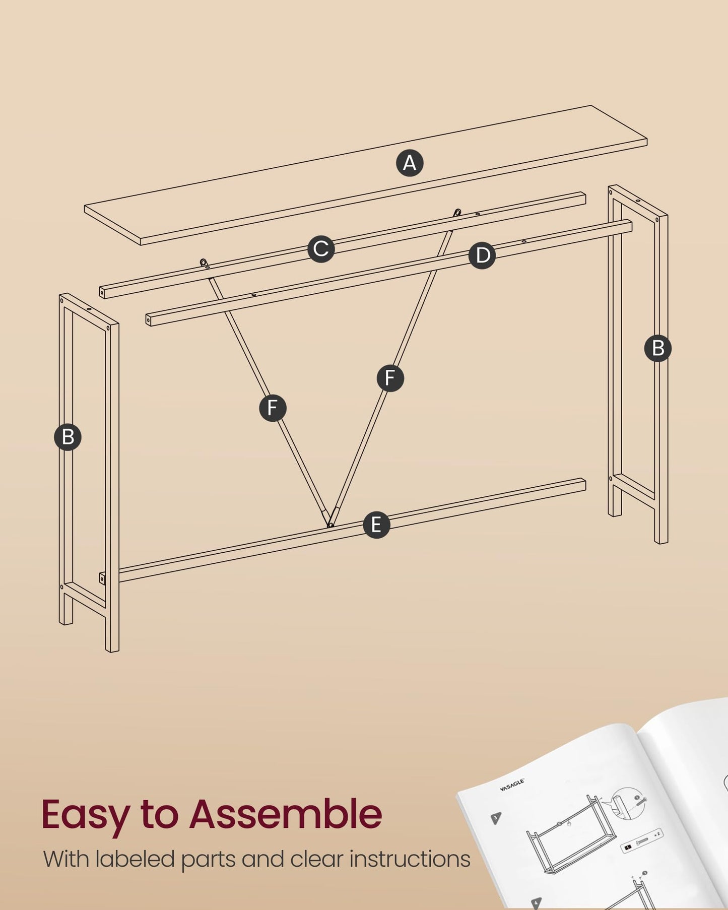 VASAGLE Console Sofa Table, Narrow Entryway Table, for Living Room, Bedroom, Easy Assembly, Marble White and Ink Black ULNT020W01