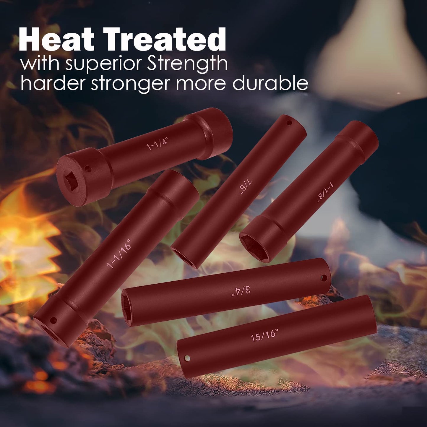 1/2 Inch Drive Extended Length Impact Socket Set 6 Sizes - Hex Sizes 3/4", 7/8", 15/16", 1-1/16”, 1-1/8", 1-1/4"Extra-Deep Length Extra-Deep Impact Set Heavy Duty with Case