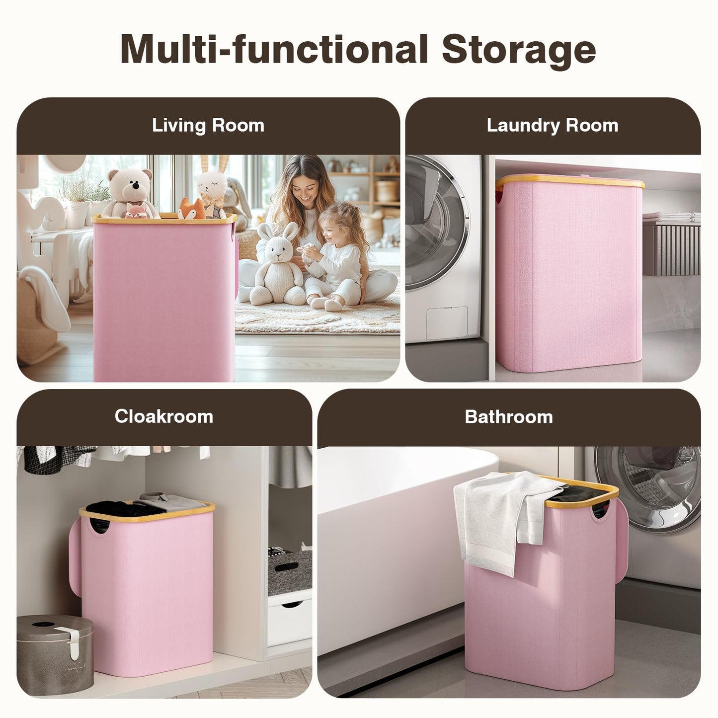 Hampers for Laundry Basket with Lid, 160L Extra Large 3 Section Clothes Divided Organizer for Bedroom, Laundry Room, Dirty Clothing Hamper, Pink