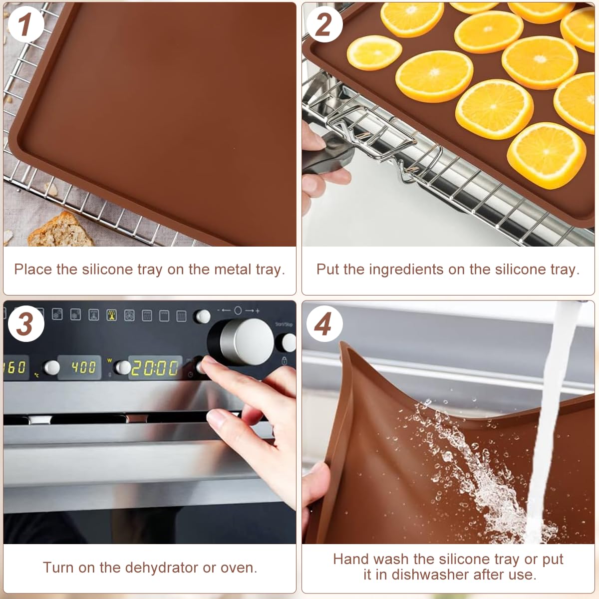 SFV 6 Pack Silicone Dehydrator Trays, 14" x 14" Flexible & Durable Dehydrator Sheets for Excalibur, Non-Stick, Reusable Dehydrators Mats Tray Dryer for Eggs, Fruit Leather, Meat, Herbs, Brown