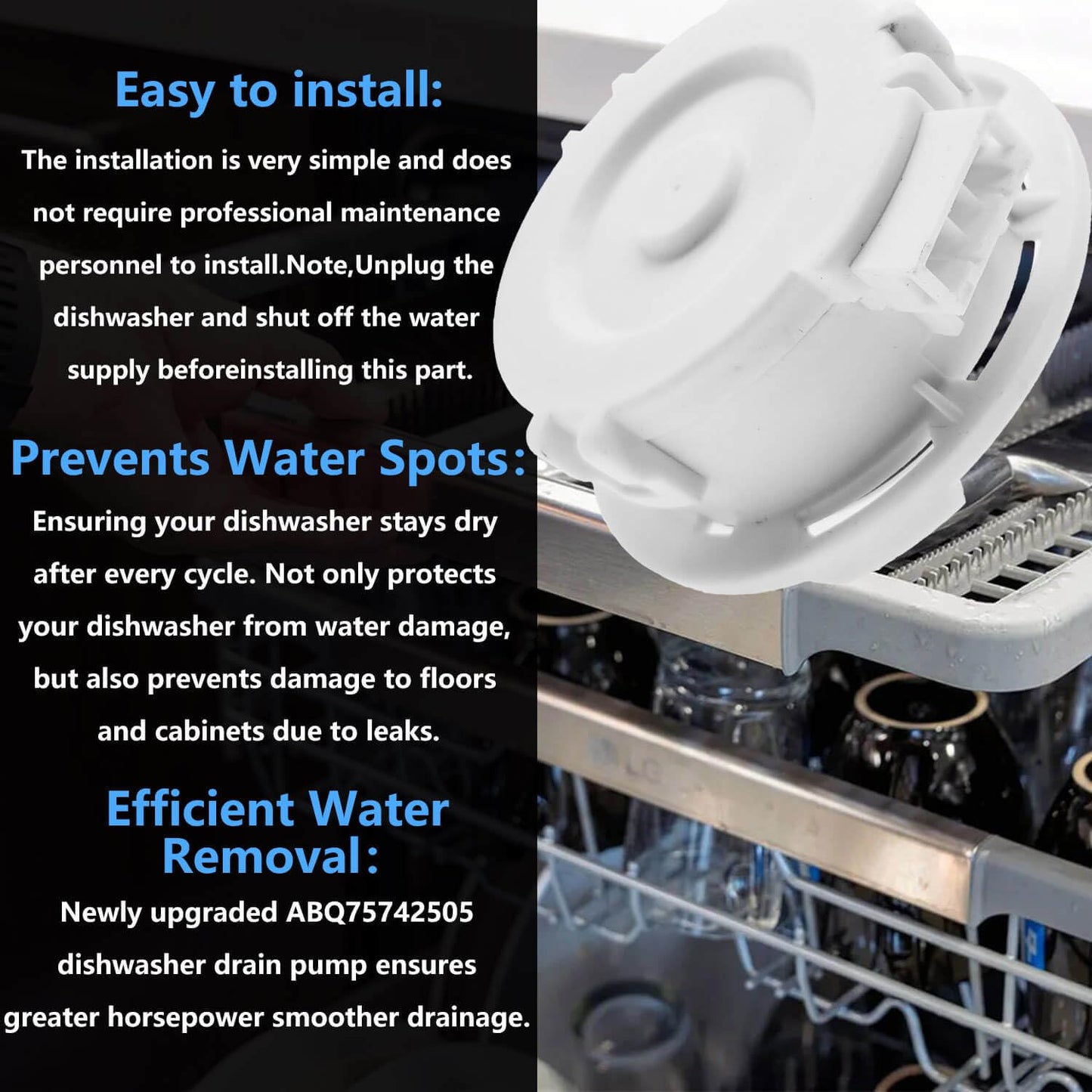 EAU62043401 EAU60710801 EAU62043403 Dishwasher Drain Pump ABQ75742505 ABQ75742501,Fit for LG Kenmore LDFN4542W LDTS5552S LDFN3432T LDFN343LS ADFD5448AT LDPN6761T LDP6810BD SKSDW2402P LDF5678SS