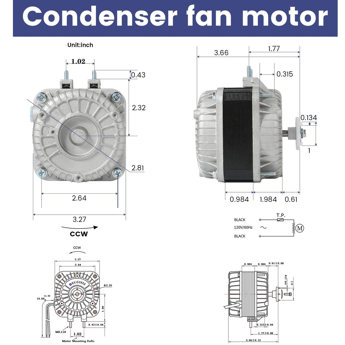 Condenser Fan AC Motor YZF18-25,18W Shaded Pole Motor for Refrigerator,Freezer,Small Ventilation Rquipment,UL Approved,Can Replace YZF10-20 YZF6-13