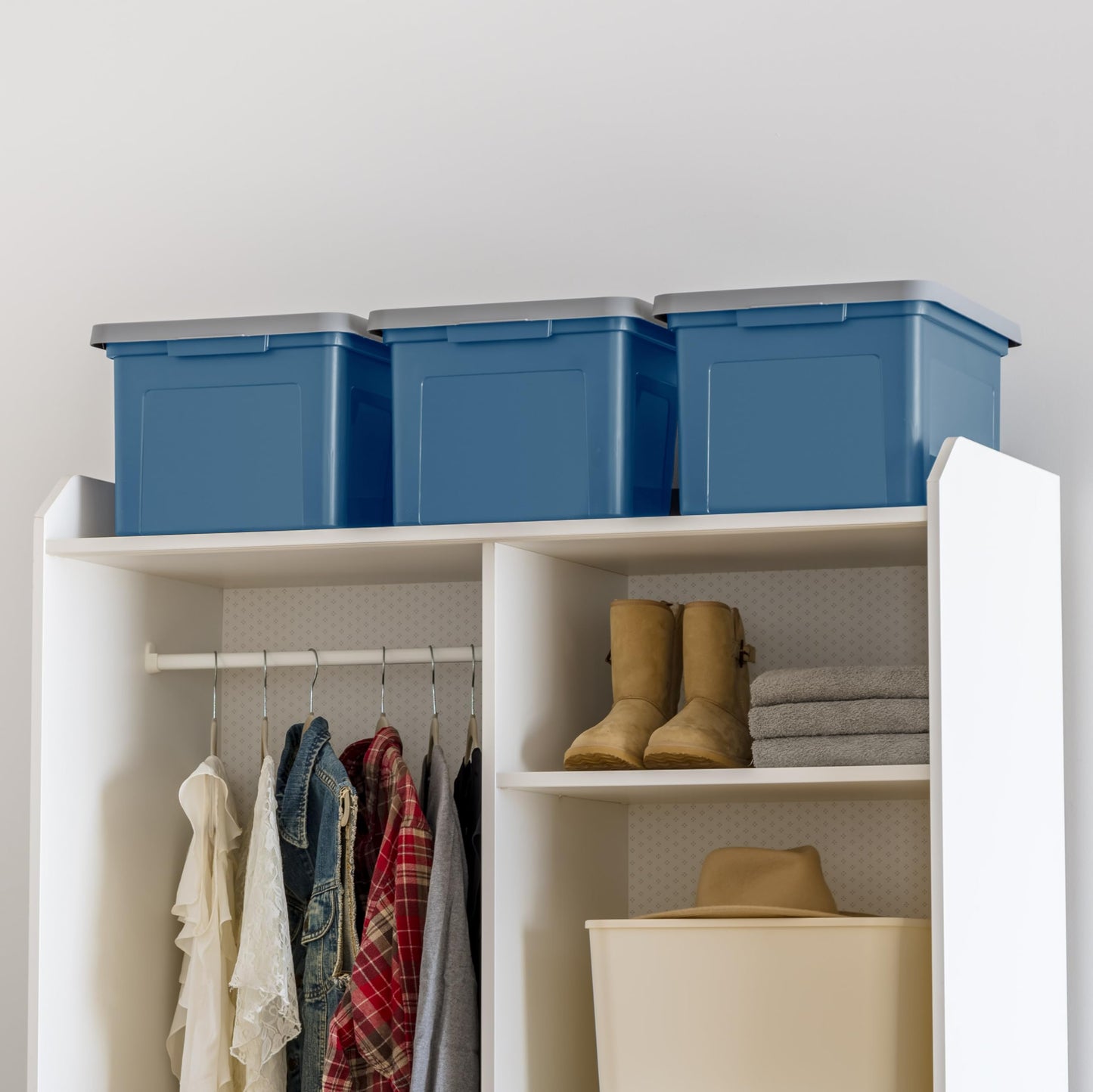 IRIS USA File Box Plastic File Organizer for Letter/Legal File, Document Box, Durable Storage Bin Tote with Secure Latching Lid, Stackable, BPA-Free, Eco Friendly, Sustainable, Navy/Gray 35 Qt. 4 Pack