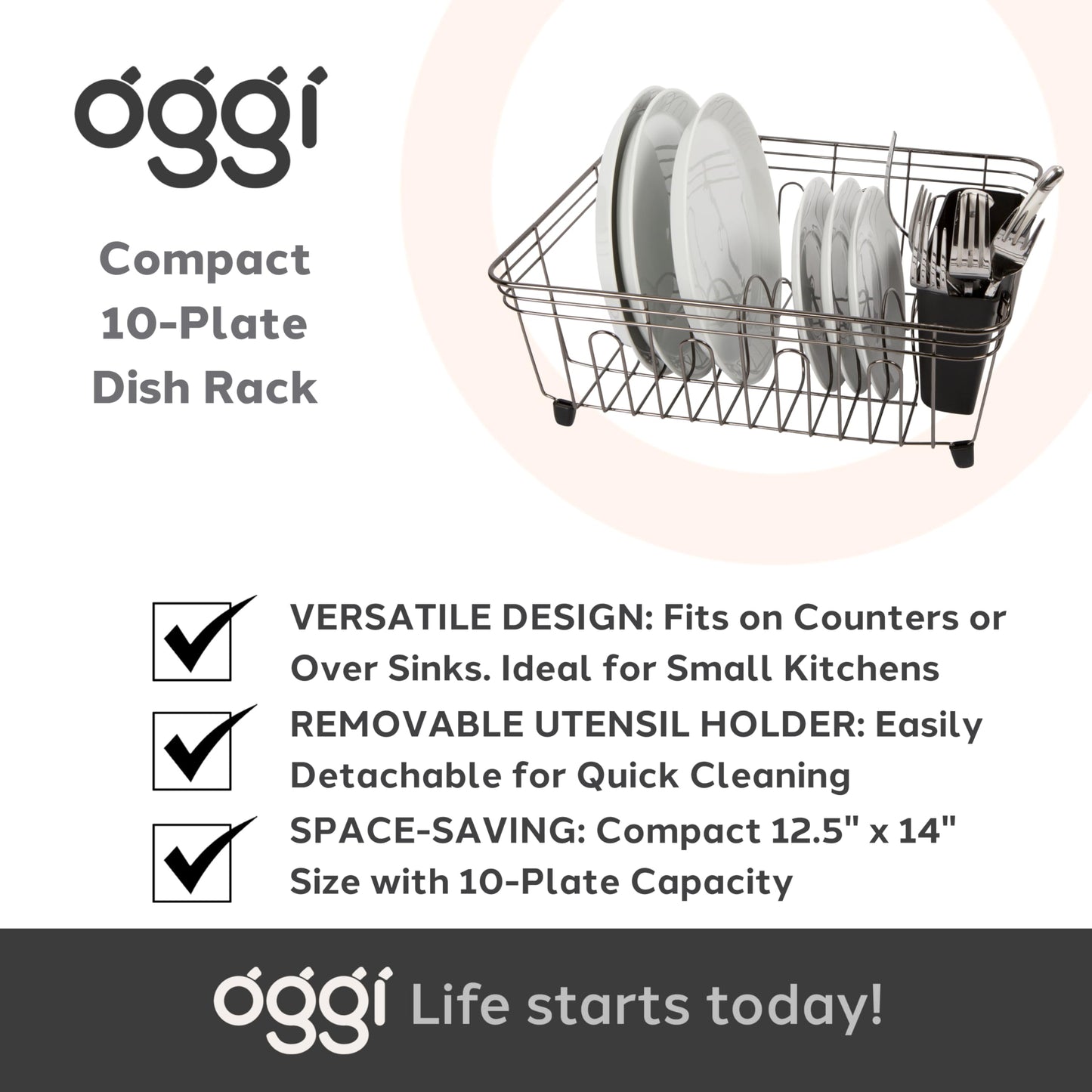 Oggi Compact Dish Drying Rack - Black Steel Drainer, Racks for Kitchen Counter, Durable Coated Steel Kitchen Dryer with Cutlery Holder