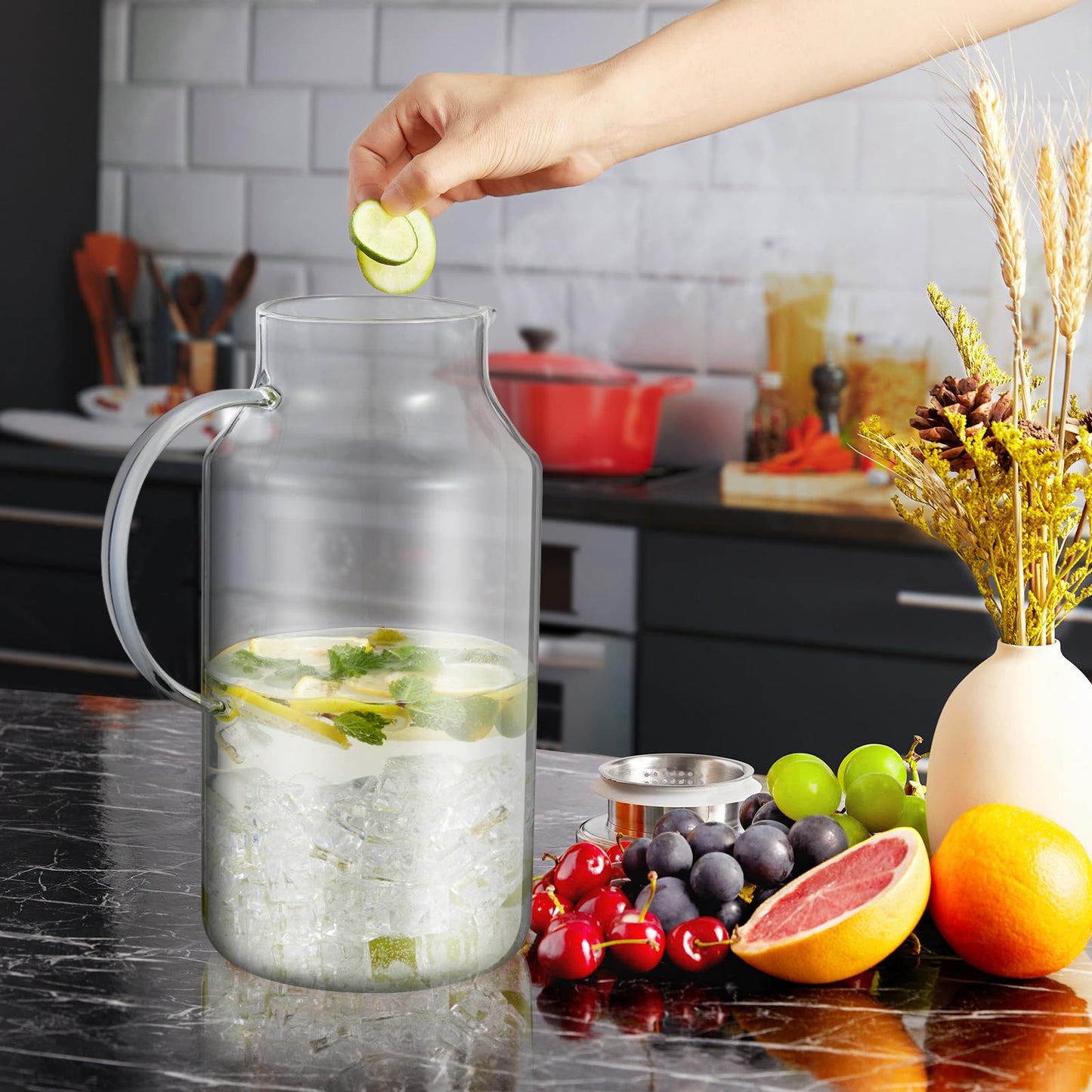 1 Gallon Glass Pitcher with Lid and Spout, Bivvclaz Glass Water Pitcher for Fridge, Glass Carafe for Hot/Cold Water, Iced Tea Pitcher, Large Jug for Coffee, Juice and Homemade Beverage