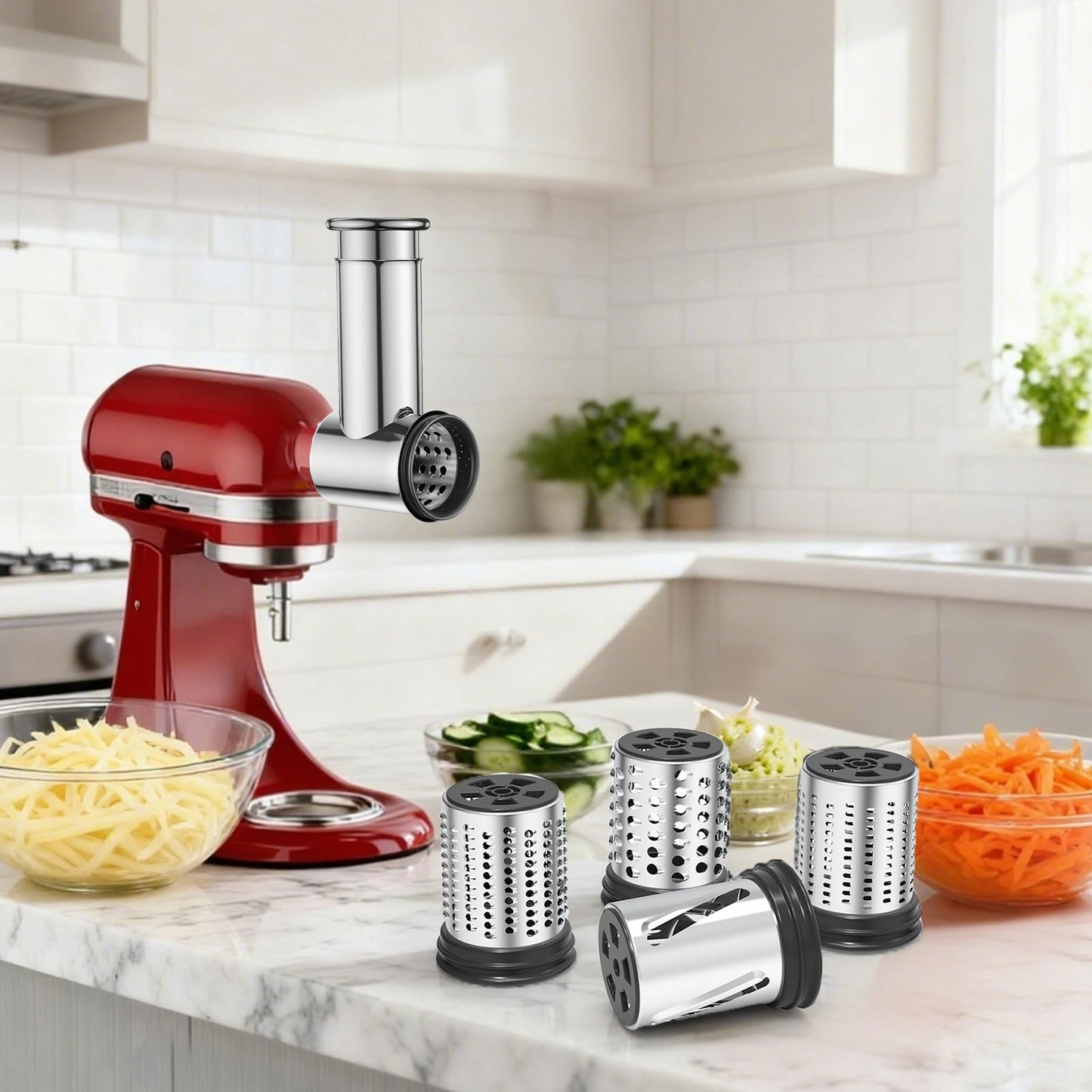 Stainless Steel Slicer Shredder Attachment for KitchenAid Stand Mixers, Large Vegetable Slicer Cheese Grater Attachment for Kitchenaid, Salad Maker Grinding Powder with 4 Blades