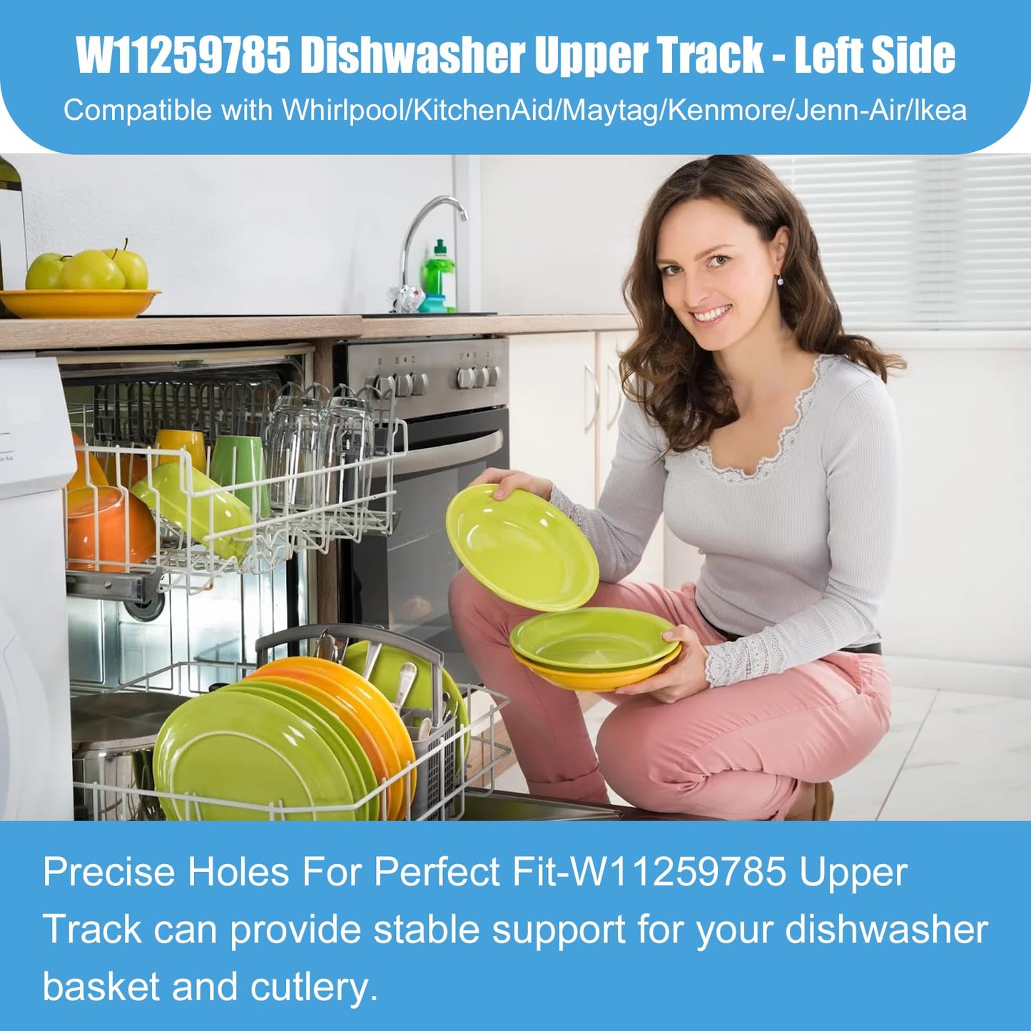 W11259785 Dishwasher Upper Dishrack Slide Track (Left Side) – Heavy Duty Stainless Steel Rail Compatible with Whirlpool KitchenAid Maytag Jenn-Air – Replaces W10311157 W11048934 AP6783992 WPW10546503