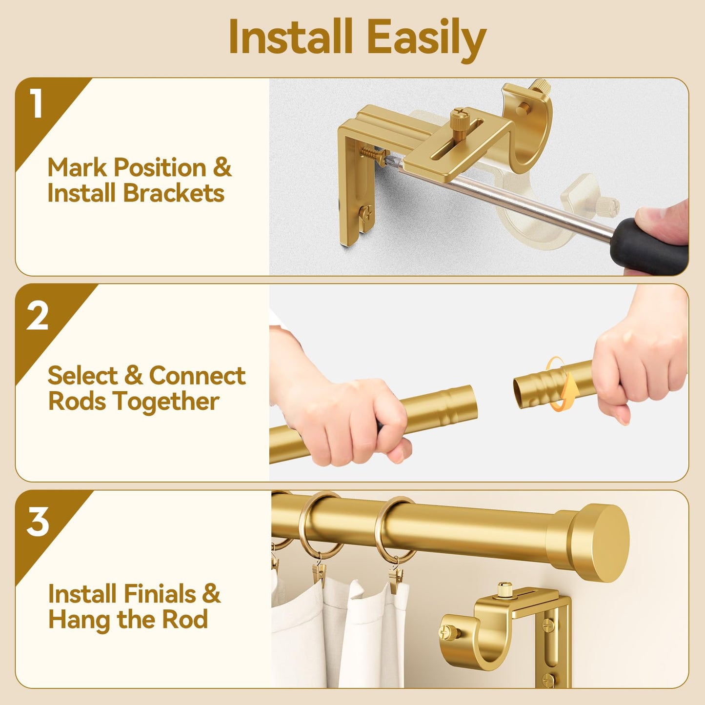 YaFex Curtain Rods 2 Pack 32-118 Inch, Heavy Duty 1 Inch Curtain Rod, Gold Long Adjustable Window Treatment Rods,Modern Design, Easy Installation