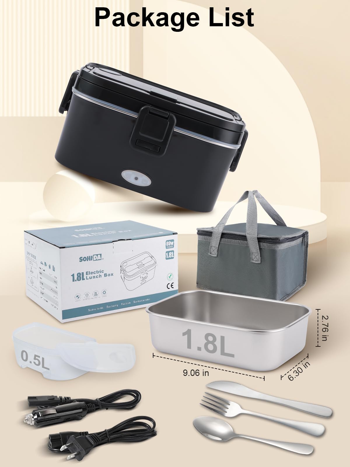 SOHIDA 1.8L+0.5L Heated Lunch Box for Men, 80W Electric Lunch Box with Long-handled Utensils for Adults, 12V/24V/110V Lonchera ElΓ©ctrica PortΓ‘til, Portable Food Warmer for Car/Truck/Office (Black)