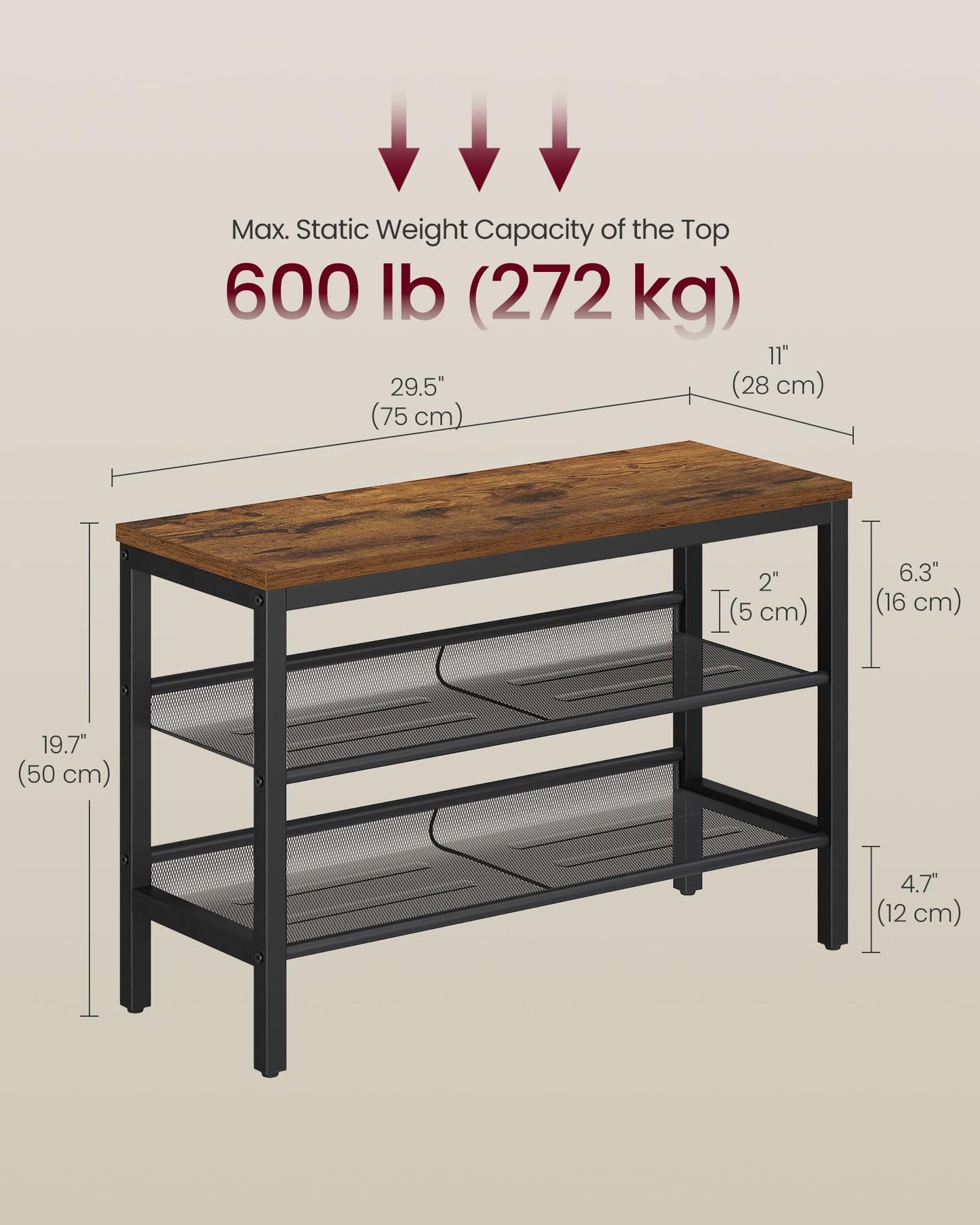 VASAGLE 3 Tier Shoe Rack Bench, One Piece Shelves, Shoe Storage Organizer with Raised Edges, Industrial Style, Easy Assembly, 11 x 29.5 x 19.7 Inches, Rustic Brown and Matte Black ULSB070KD01S