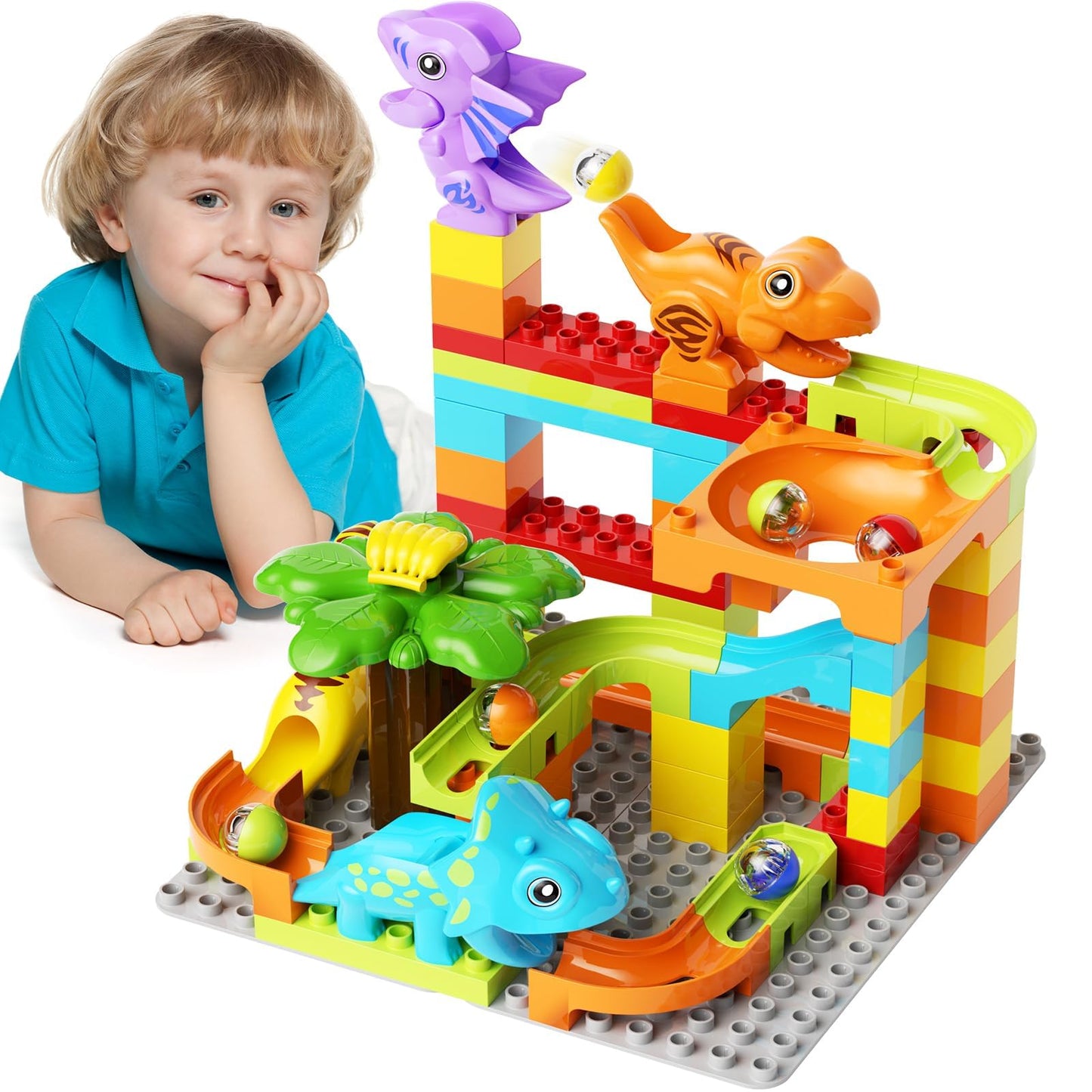 Marble Runs Building Blocks for Kids Dinosaur,Classic Big Blocks Educational Stem for Toddlers,Compatible with Major Brands Birthday Toys Gifts for Age 3 4 5 6 7 8+ Boys Girls