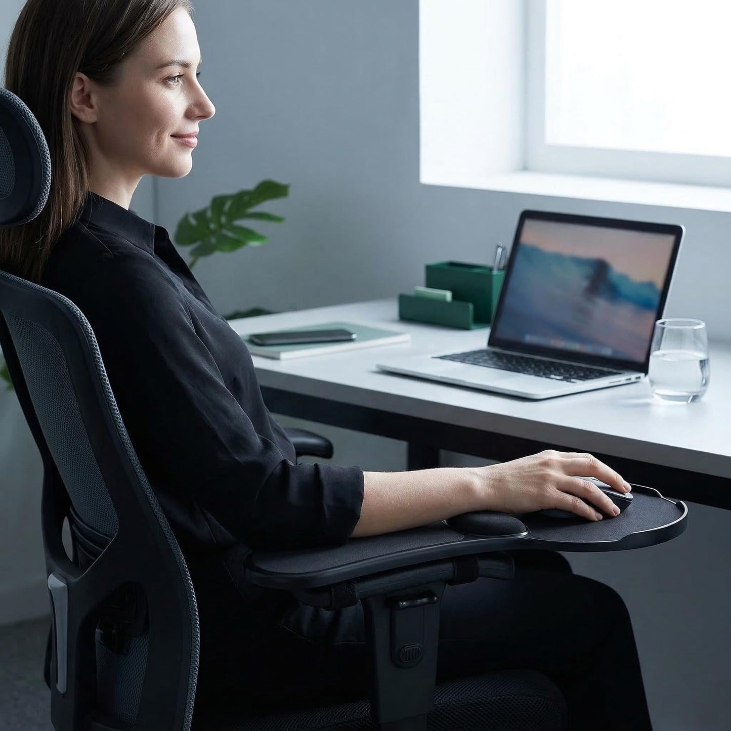 Pxoerzy Ergonomic Adjustable Chair Arm Rest Mouse Pad with Wrist Cushion,Mouse Extension Platform Tray with Anti-Fall Baffle, Chair Attachment Arm Support with Straps (Black)