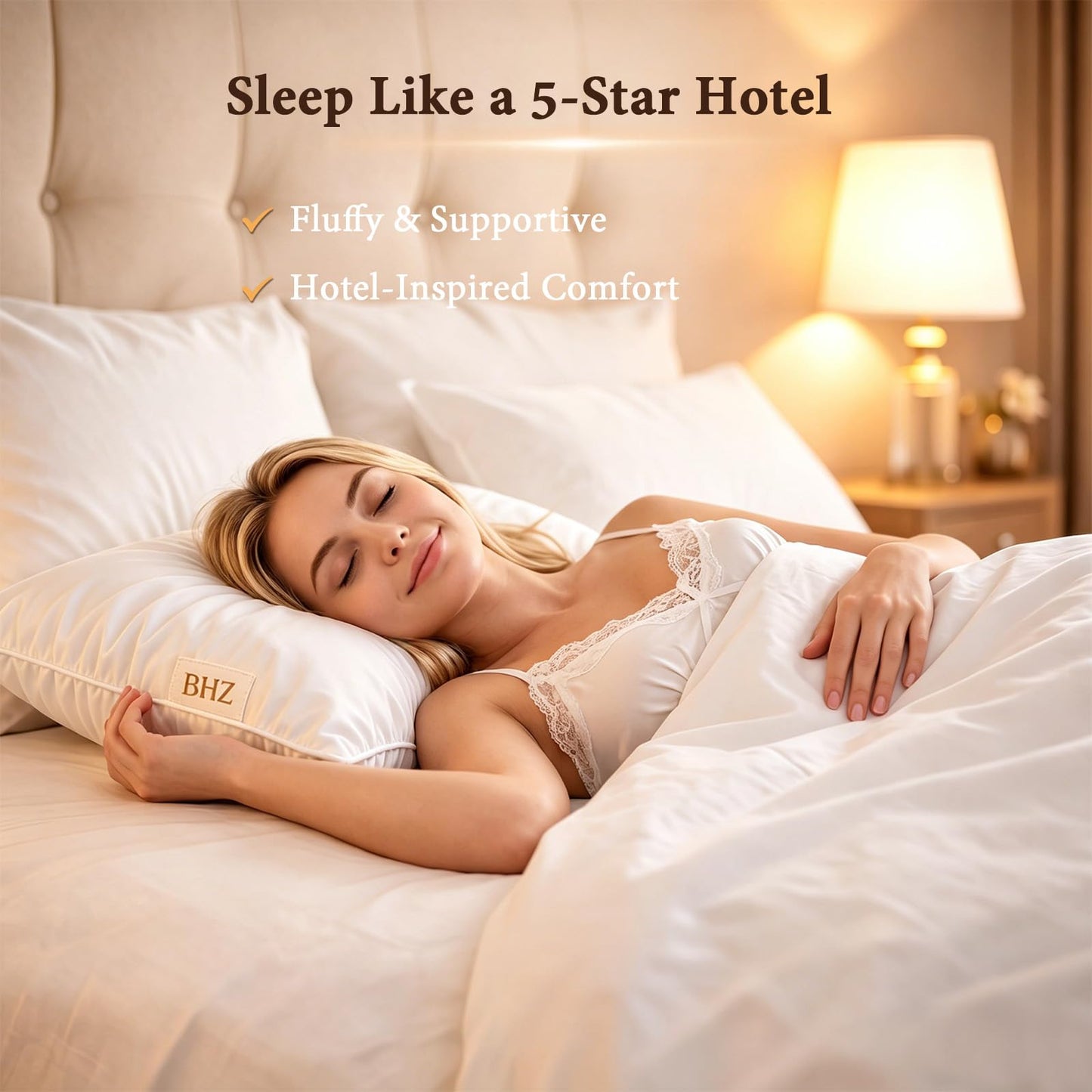 BHZ Goose Down Feather Pillows Queen Size Set of 2, Hotel Collection Bed Pillows for Sleeping Medium Firm Soft Support Pillow for Side and Back Sleepers