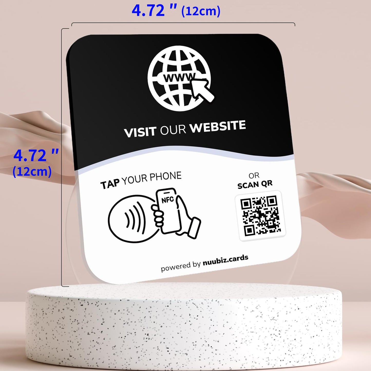 NUUBIZ NFC Social Media Sign Plate - QR Code Sign for Social Media, Facebook, TikTok, Website - Reusable Taps - Get More Followers & Reviews - Adhesive & Stand (Website Plate, 1)