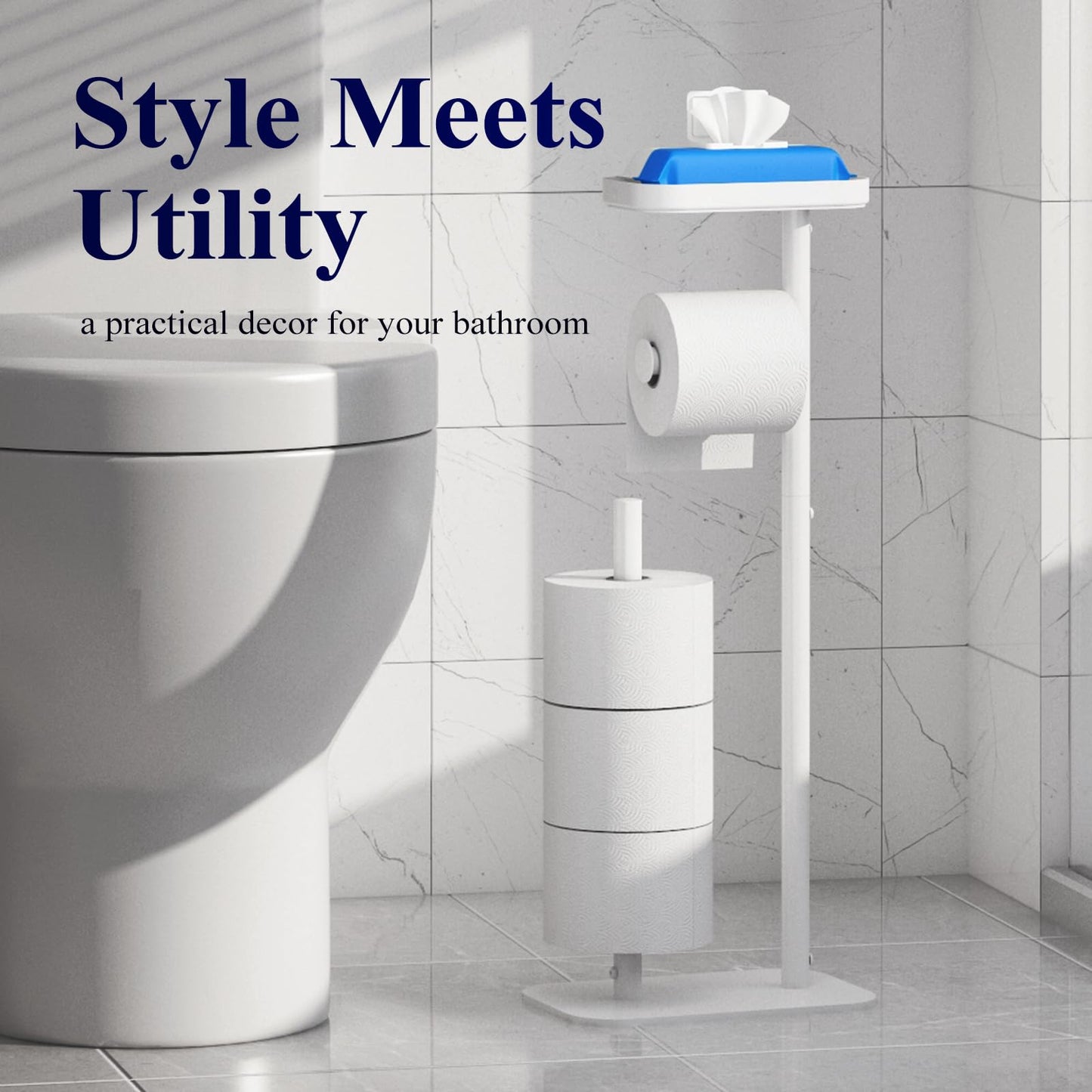 Kitsure Toilet Paper Holder Free Standing – Rustproof Metal Toilet Paper Stand for 4 Rolls with Anti-Slip Base and Shelf for Phone & Small Items, Bathroom Organizers and Storage, Medium, White