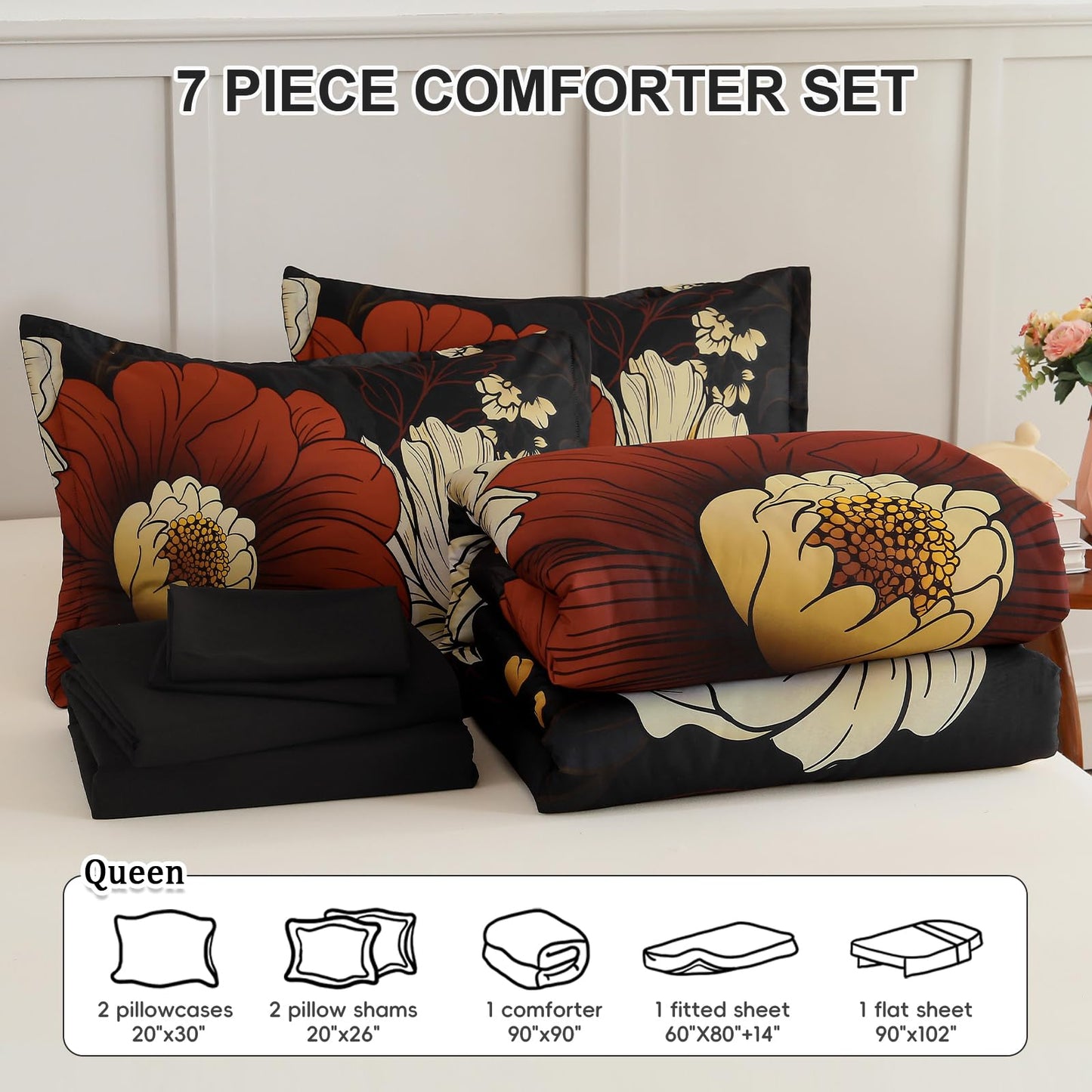 Xruibed Black Floral Comforter Set Queen Size 7 Pieces Bed in a Bag Flower Bedding Sets Lightweight Boho Bed Set with Sheet,Pillowcases&Shams for All Season
