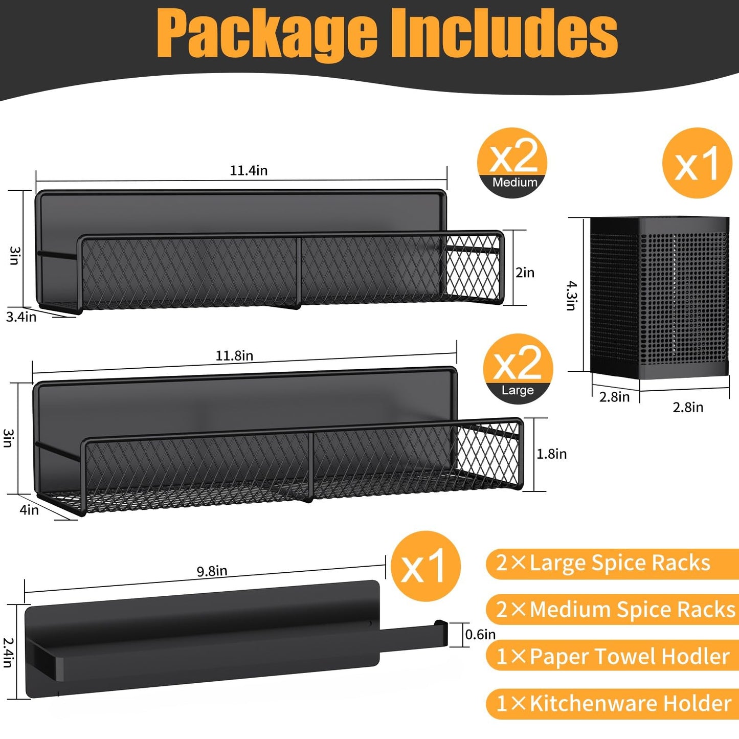 Magnetic Spice Rack for Refrigerator, 6 Pack 100% Metal Strong Magnet Shelf Black, Space Saving Spice Organizer, Home Kitchen Laundry Room Storage Organization W/ Paper Towel Holder, Utensils Racks