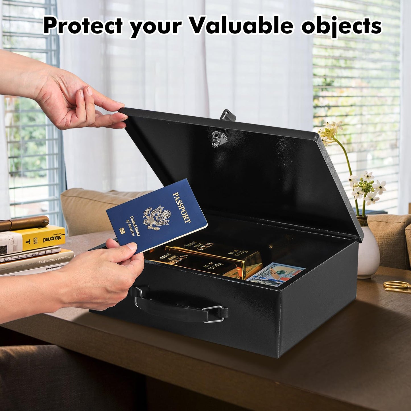 KYODOLED Fireproof Document Box with Key Lock, Large Safe Storage Box for Valuables, Fire Resistance Security Chest, Lock Box for Passport, Cash, Tablet 12.9'' x 10.7'' x 4.2'' Black