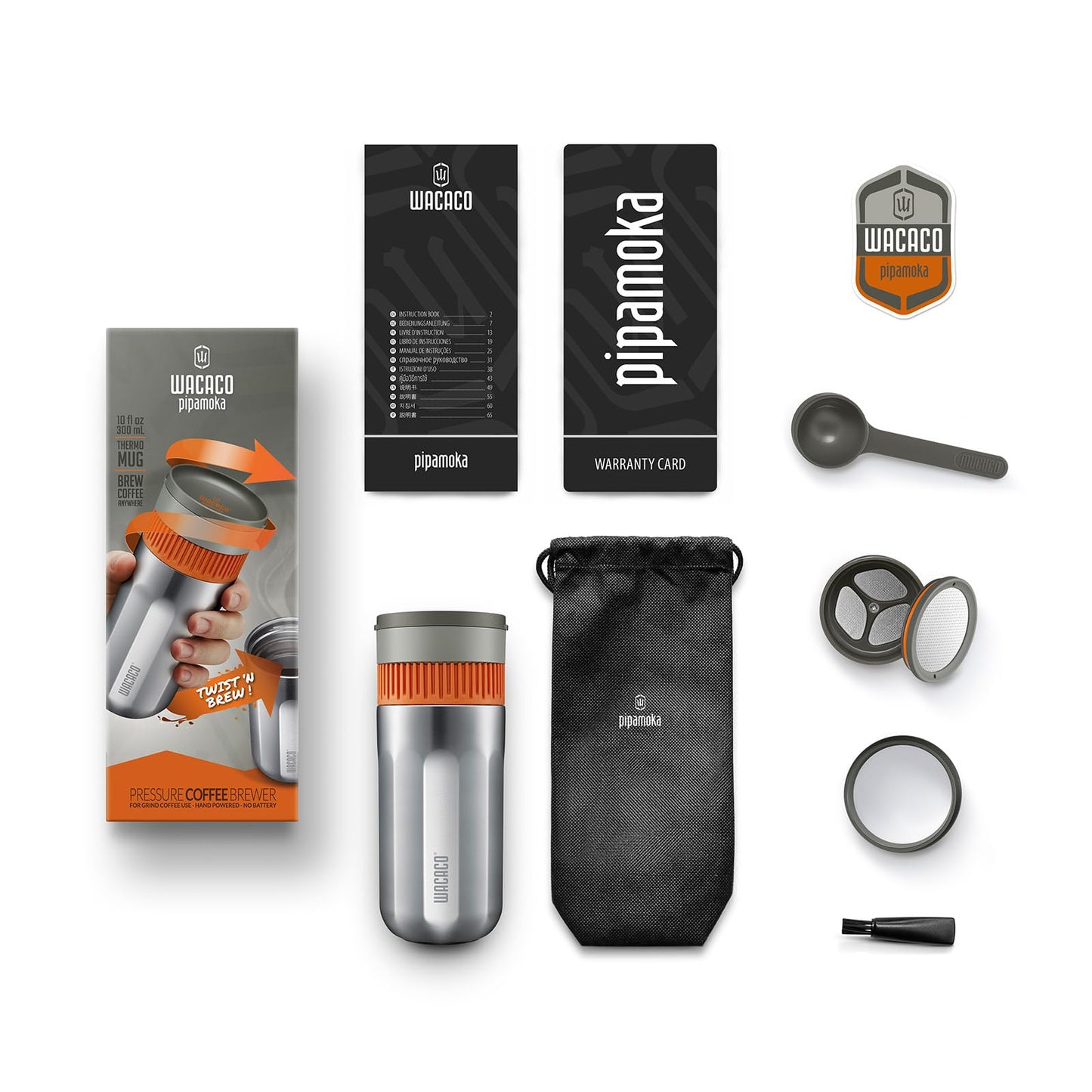 WACACO Pipamoka Portable Coffee Maker, Coffee brewer, All-in-one Vacuum Pressured,Insulated Travel Mug, Hand Powered and Filter Pressure Brewer, Stainless Steel Thermo Cup, 10 fl oz