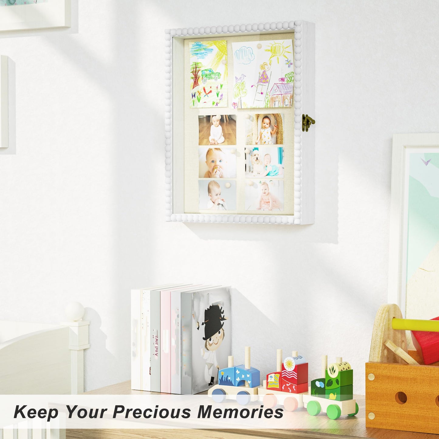 Love-KANKEI Shadow Box Frame 11x14, Deep Large Shadow Box Display Case with Unique Beads Door and Glass Window, Wood Memory Box for Pictures,Medals,Memorabilia,Collections White