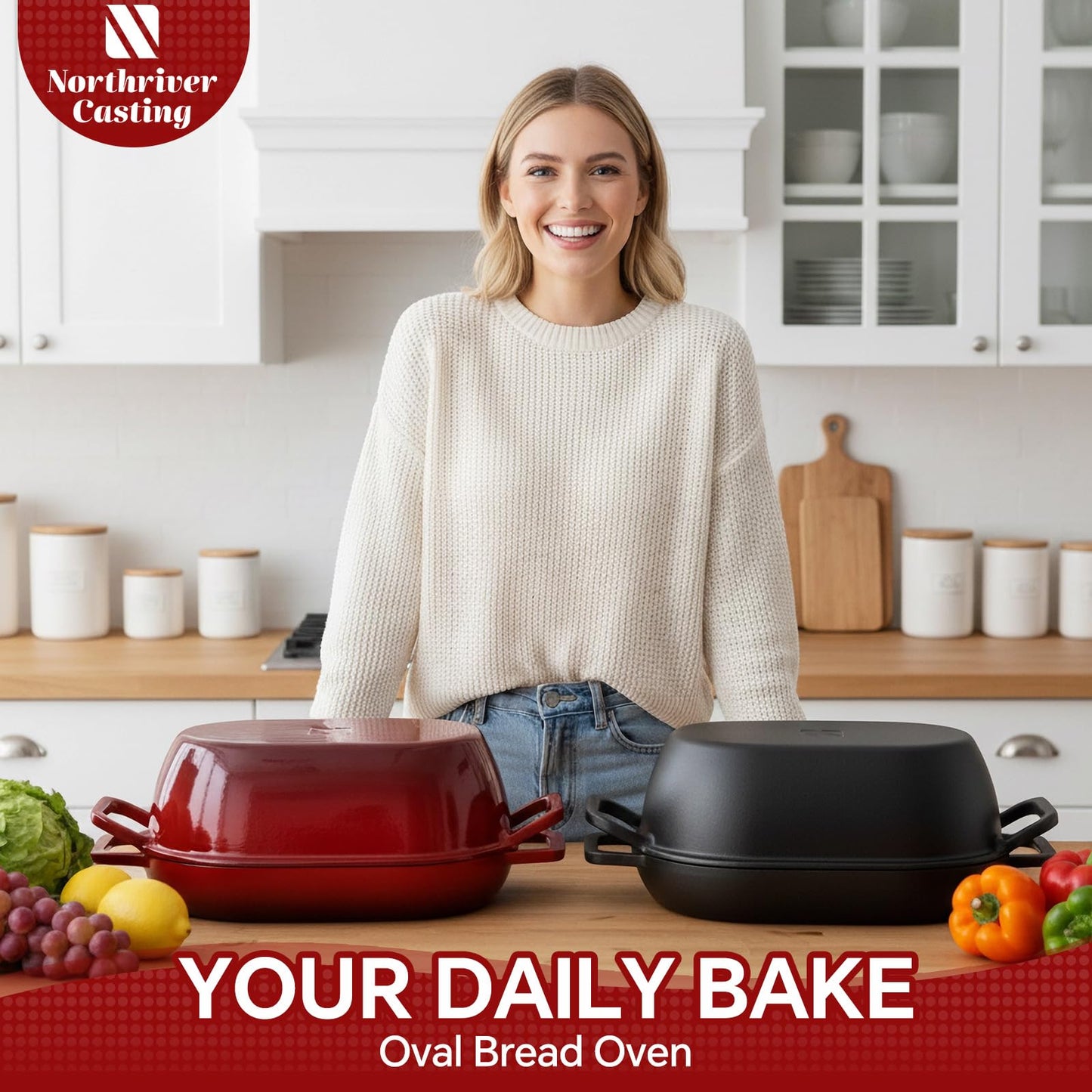 Northriver Casting 12"x8" Oval Cast Iron Dutch Oven for Bread Baking,Pre-Seasoned Combo Cooker with Lid, Perfect for Sourdough, Artisan Loaves & Family Meals,5 Qt