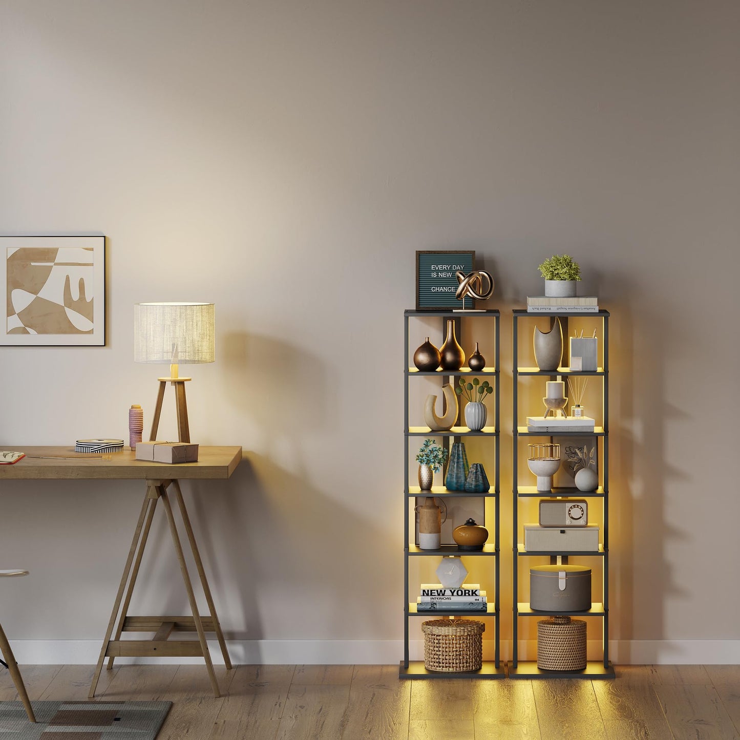 GLANZALANT 7-Tier Bookshelf, Narrow Bookcase with LED Lights, 47.2 Inch Book Shelf for Small Space, Display Storage Shelf for Living Room, Bedroom, Home Office, Study, Black