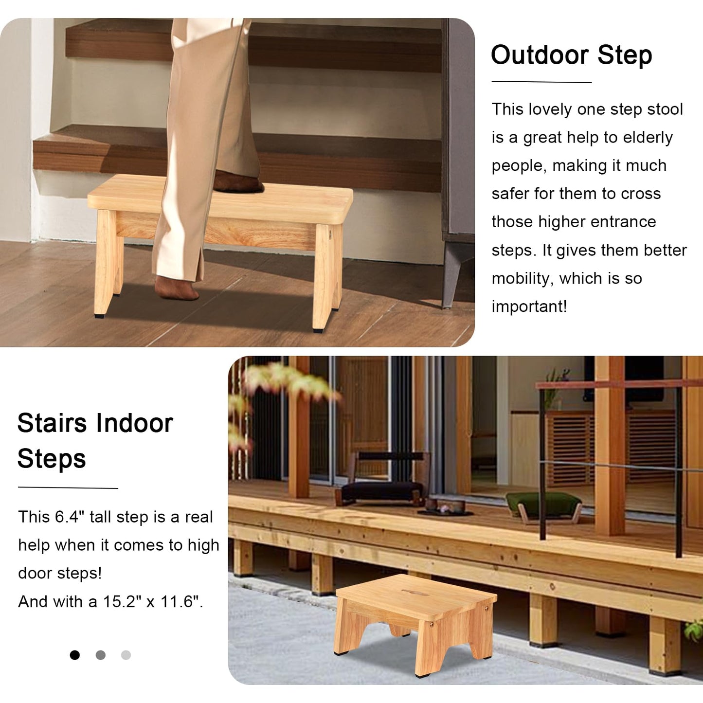 One Step Stool for Adults Seniors, 6.5" Heavy Duty Wooden Stepping Stools with 550 LBS Capacity for Bedroom Kitchen Bathroom, Bed Steps for High Beds, Bedside Support