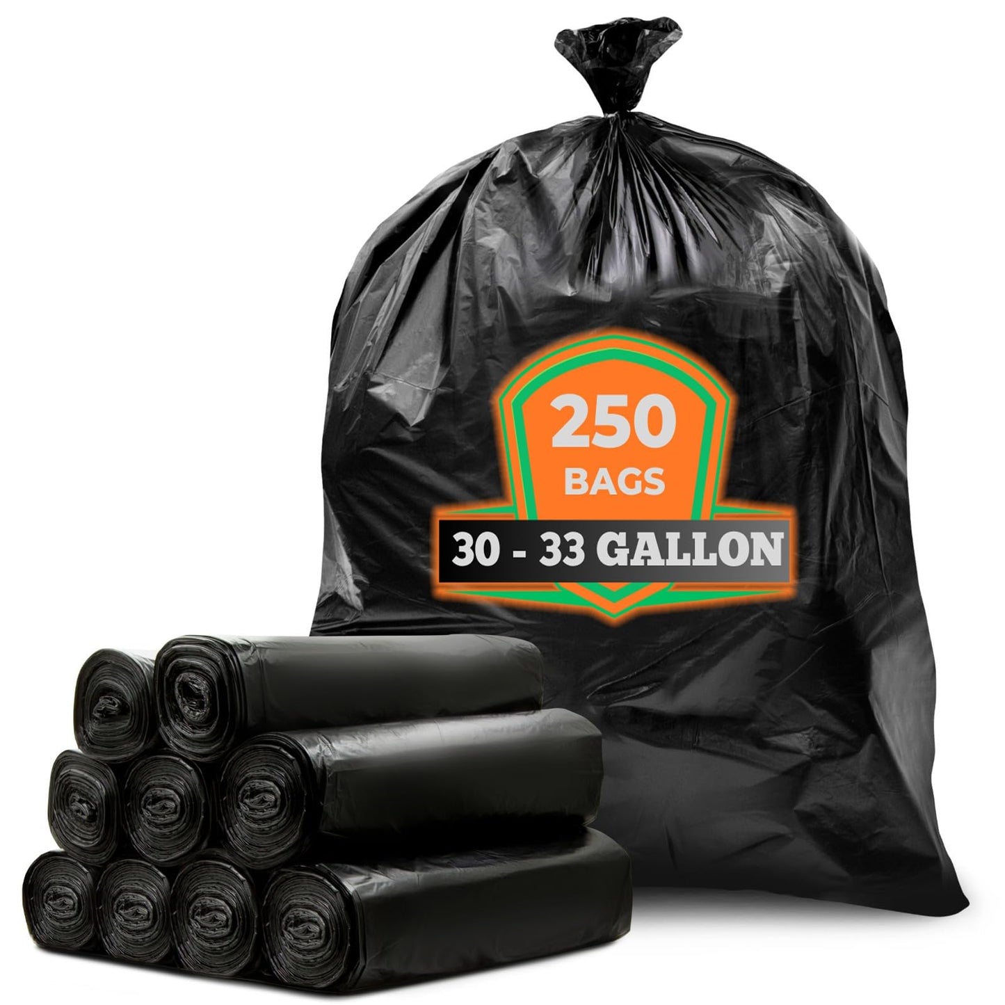 Tasker 30-33 Gallon Trash Bags Heavy Duty (MegaValue Pack 250 Count) Large Black Garbage Bags 30 Gallon - 32 Gallon - 33 Gallon- 35 Gallon. High Density Bags