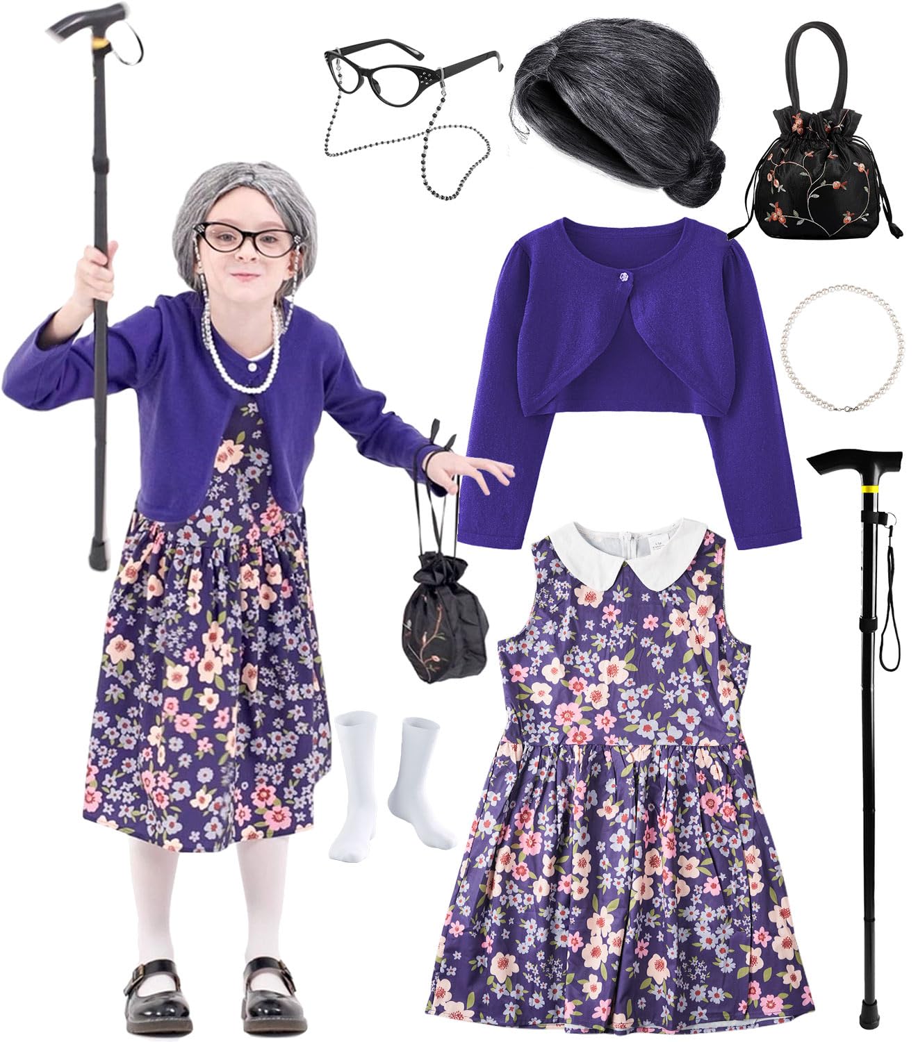 100 Days of School Old Lady Costume for Kids Girls,100th Day Old Lady Wig Granny Grandma Dress Up