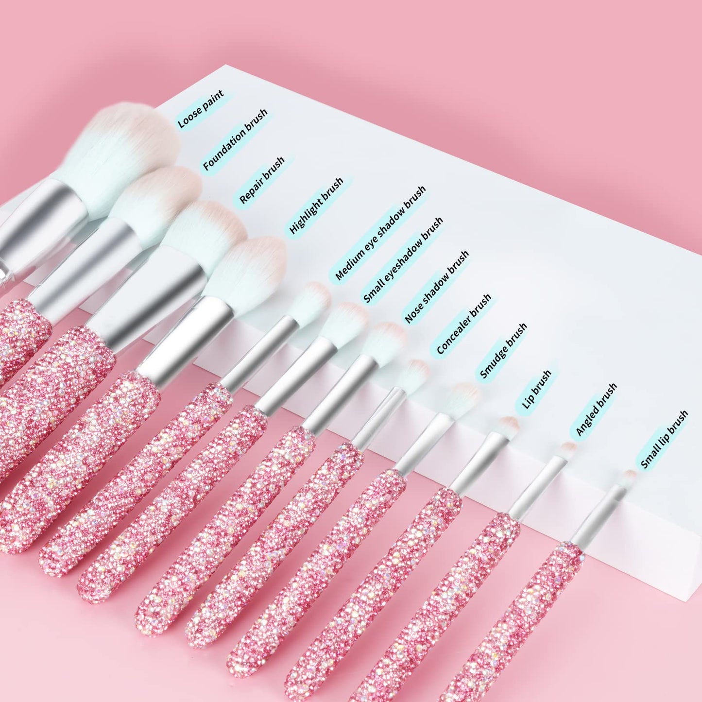 Makeup Brushes Bling Crystal Professional Face Cosmetics Blending Liquid Foundation Powder Concealer Eye Shadows Make Up Beauty Tool Glitter(12PCS) (Purely Handmade)(Pink)