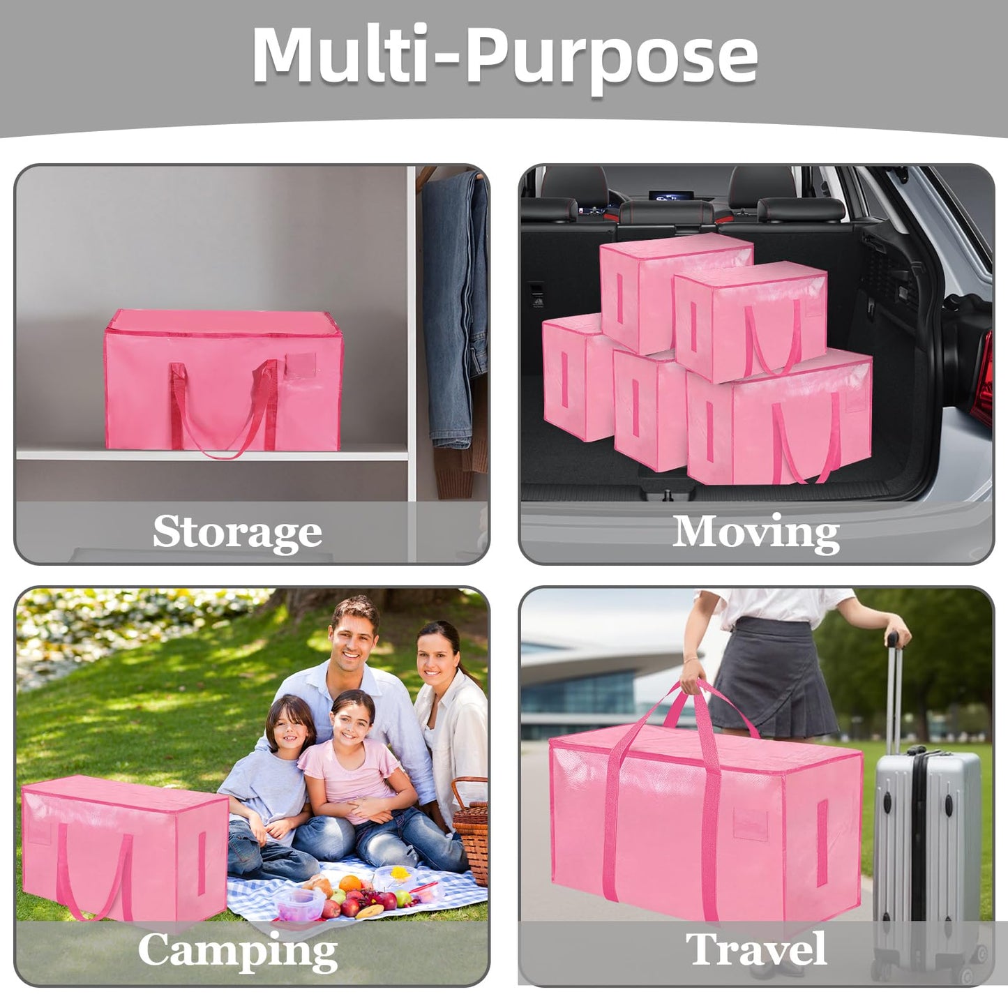 12 Pack-Extra Large Heavy Duty Moving Bags - Waterproof Storage Totes with Handles & Zippers, Foldable for College Dorm, Storage (Pink)