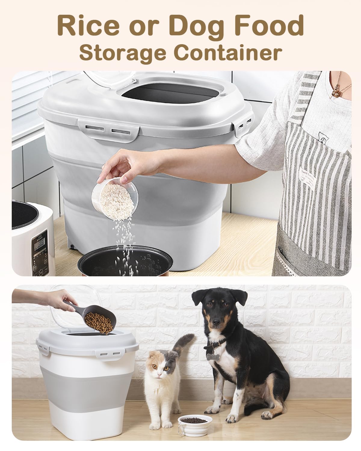 DDMOMMY 20-50 Lbs Food Storage Container With Wheel, Airtight Locking Lid, Collapsible Rice Container, Flour Storage With Small Container and Scoop, Suitable for Pet Food