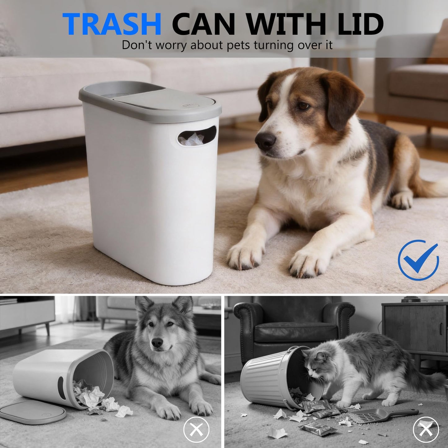 KOOMADE Bathroom Small Trash Can with Lid - 2PC 10 Liter/2.6 Gallon Plastic Slim Narrow Garbage Can with Pop-Up Lid, Space-Saving Trash Bin Waste Basket for Toilet, Bedroom,Kitchen,Craft Room,Office