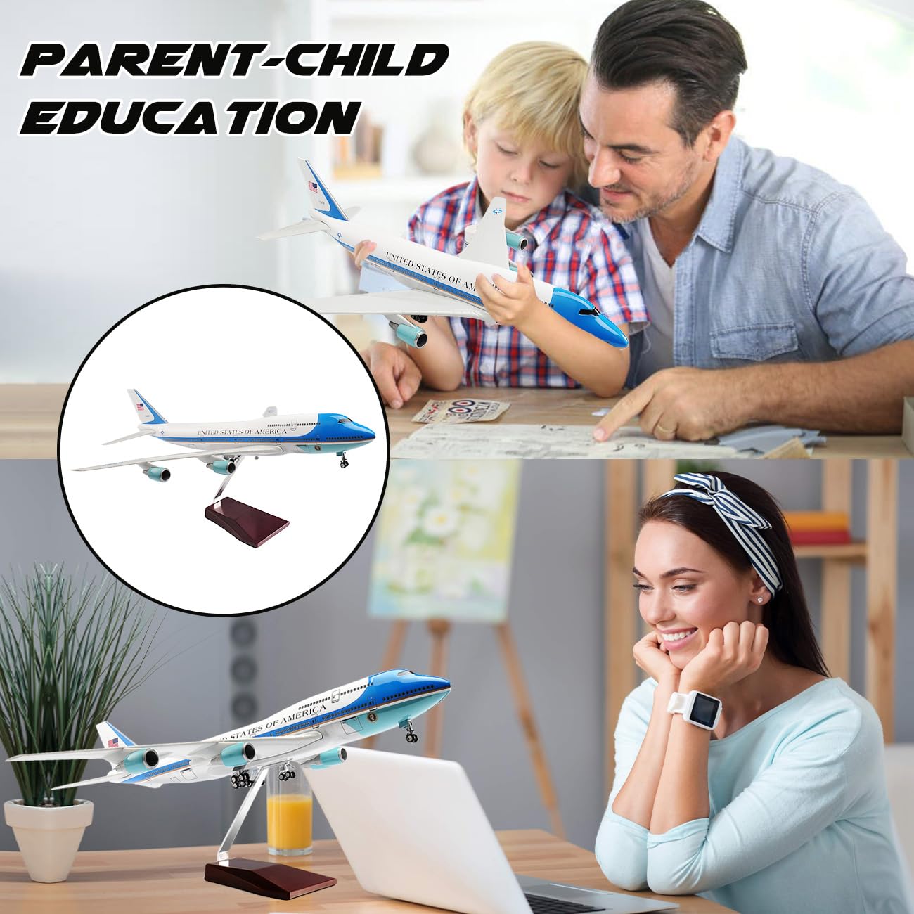 1/150 Scale Diecast Airplane US Airlines Boeing 747 Air Force Planes Model 18.5”Aircraft Model with Landing Gear Voice Control Cabin Light Aircraft Model for Collection