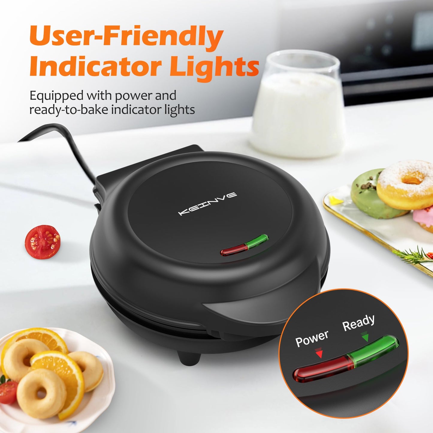 KEINVE Mini Donut Waffle Cake Maker, 7 Slots Home Baking Machine, Great for Breakfast, Snacks, Desserts and More