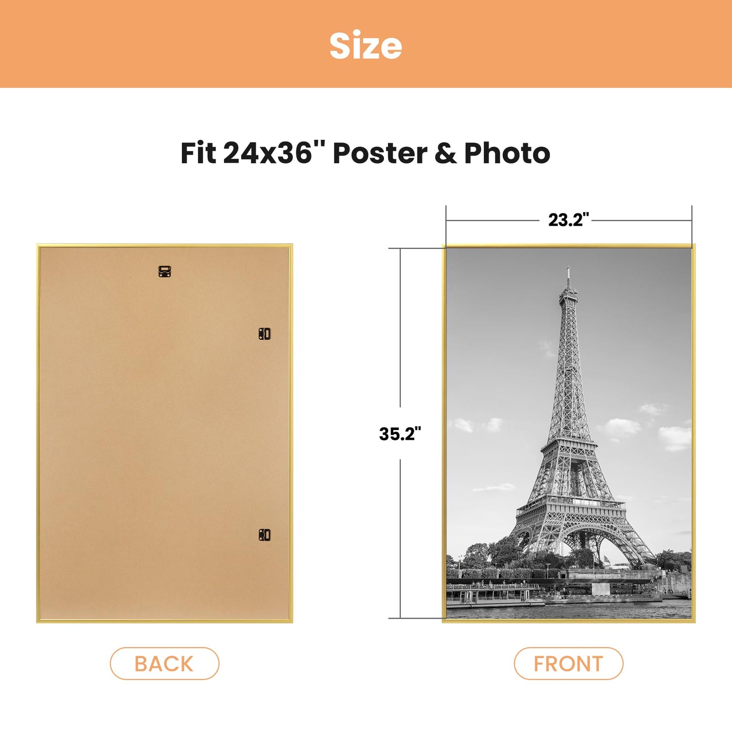 upsimples 24x36 Poster Frame Gold 3 Pack, Scratch-Proof Picture Frames 24 x 36 for Photo Gallery - Slide-In Strips, Horizontal or Vertical Wall Mounting