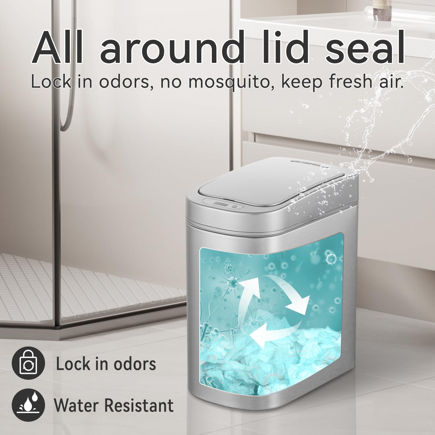 Ninestars Automatic Motion Sensor Bathroom Trash Can, 1.8 Gallon Smart Opening Garbage Bin for Bathroom, Bedroom, Kitchen, Office 7 Liter Compact Stainless Steel