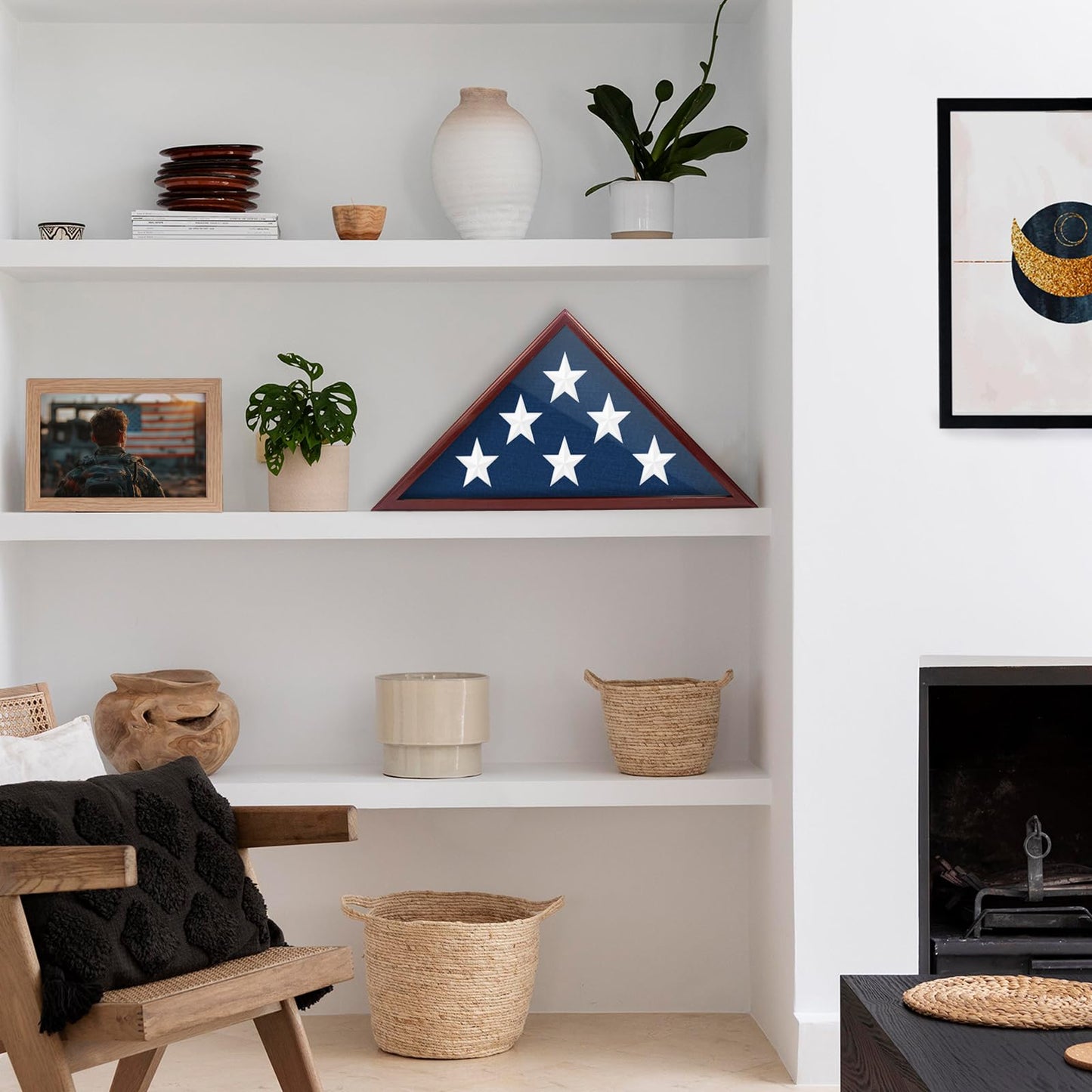 Flag Display Case for 5 x 9.5 ft Folded Burial Flag, Wall Mounted Wooden Flag Case with Custom DIY Stickers Self-Adhesive for Wall or Tabletop, Red Brown Flag Shadow Box for Honoring Military Veteran