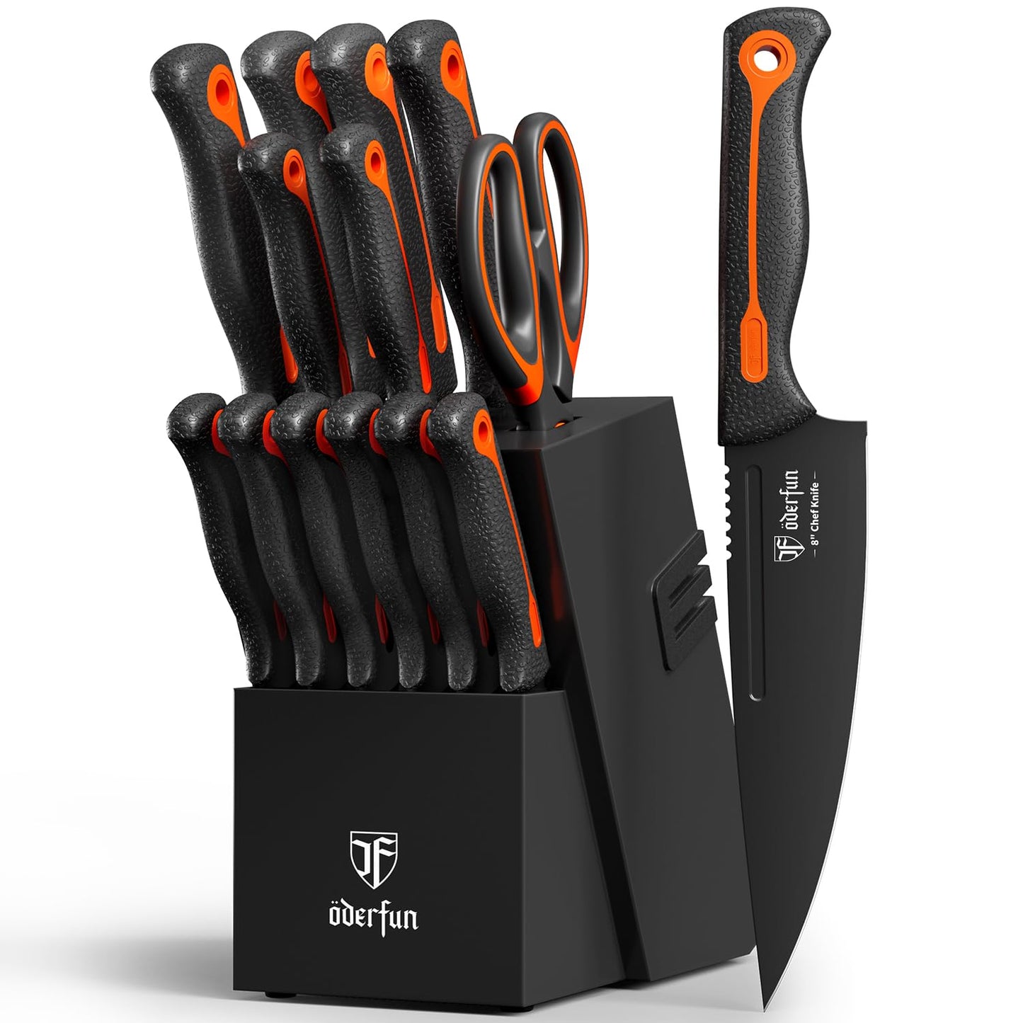 ODERFUN Knife Block Set -15 PCS Dishwasher Safe Kitchen Knife Set, High Carbon Stainless Steel, Razor-Sharp knives set with sharpener, Non-Slip Handles, Elegant Box for Her Him Women Dad Father