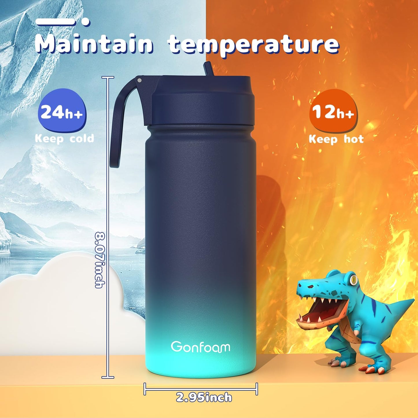 Kids Water Bottle, 2-Pack 16oz Water Bottles with Stickers and Straw, Stainless Steel Vacuum Insulated cup, Kids Water Bottle for School, Gifts for Boys and Girls(Blue/Purple)