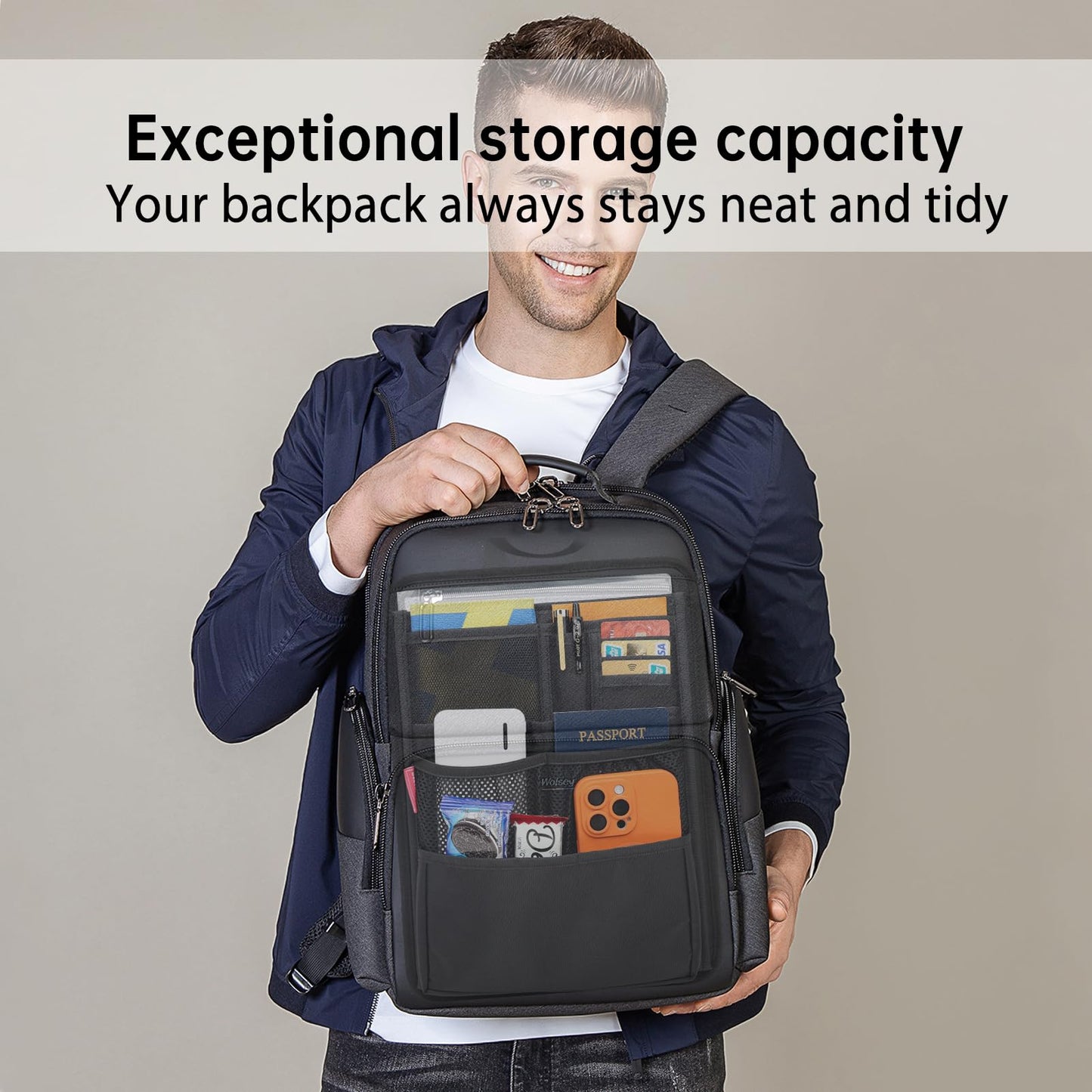 DELTAMANN Slim Rugged Backpack Organizer Insert for Business Casual Men Women -13 Pockets,Padded Nylon,Max 14'' laptop - Black