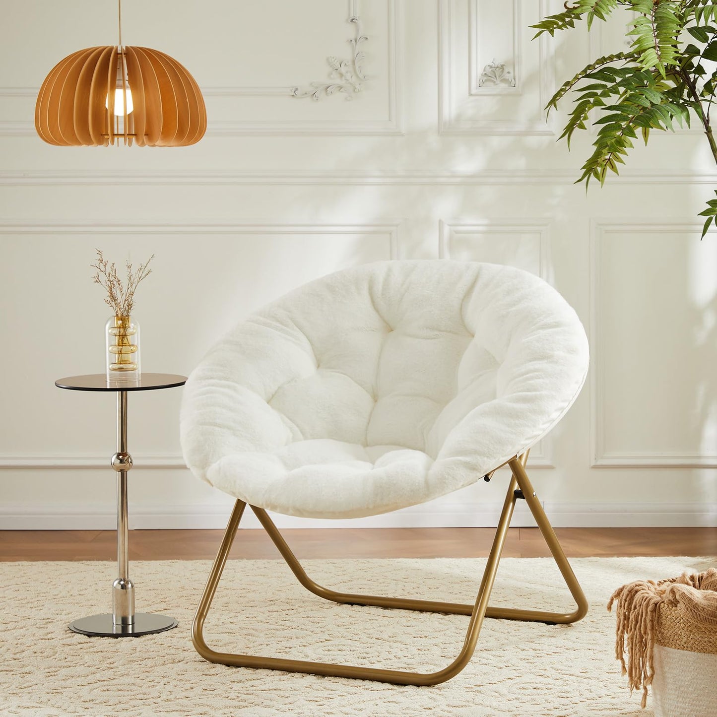 DUMOS Comfy Saucer Chair, Faux Fur Lounge Seasting XL Circle Chair for Bedroom, Dorm & Gaming, Foldable Fashion Accent Seat for Small Spaces, Folding Moon/Mushroom/Round Oversized Style,White