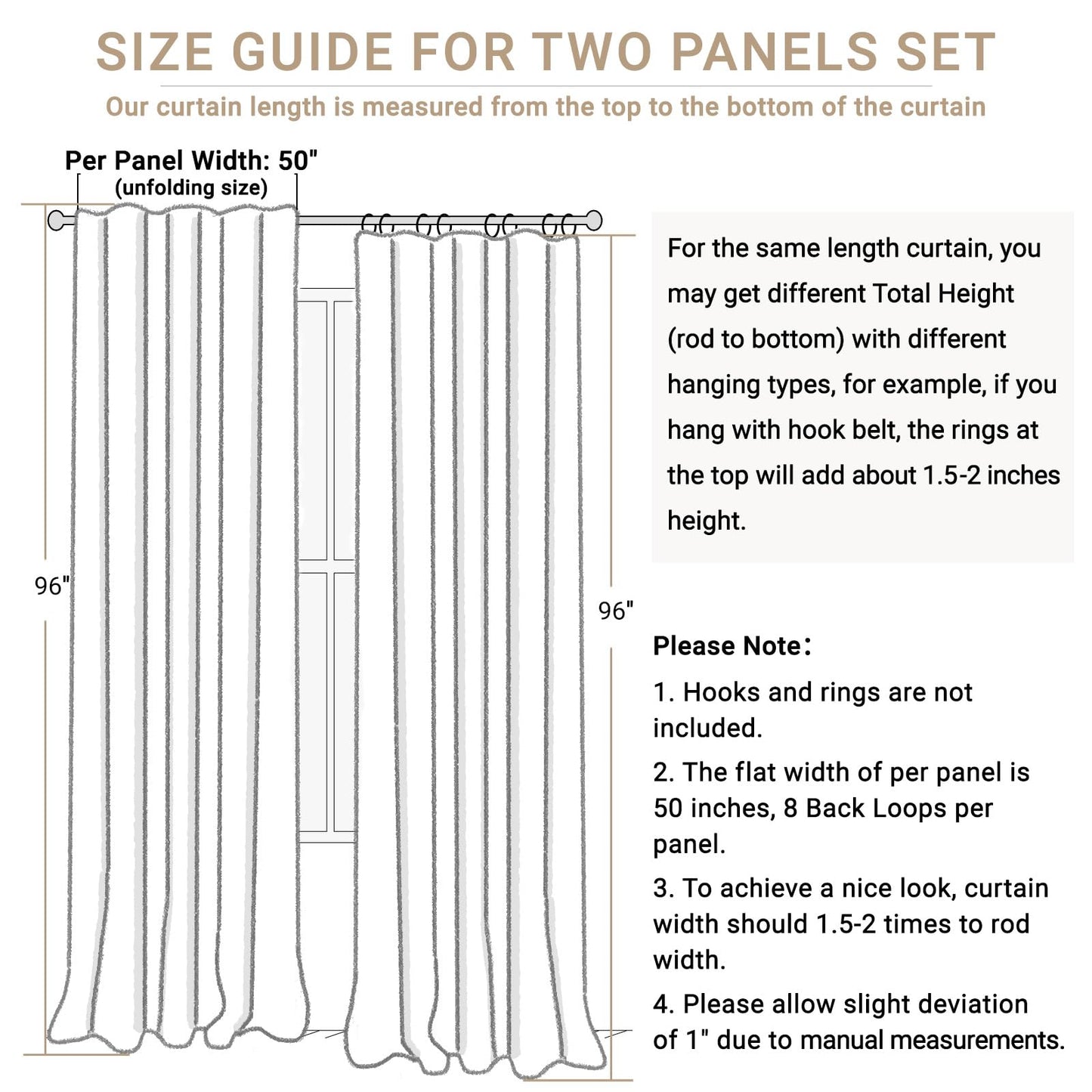 100% Blackout Shield Linen Blackout Curtains for Bedroom 96 Inches Long, Back Tab/Rod Pocket Living Room Drapes, Thermal Insulated Blackout Curtains 2 Panels Set, 50" W x 96" L,Cream