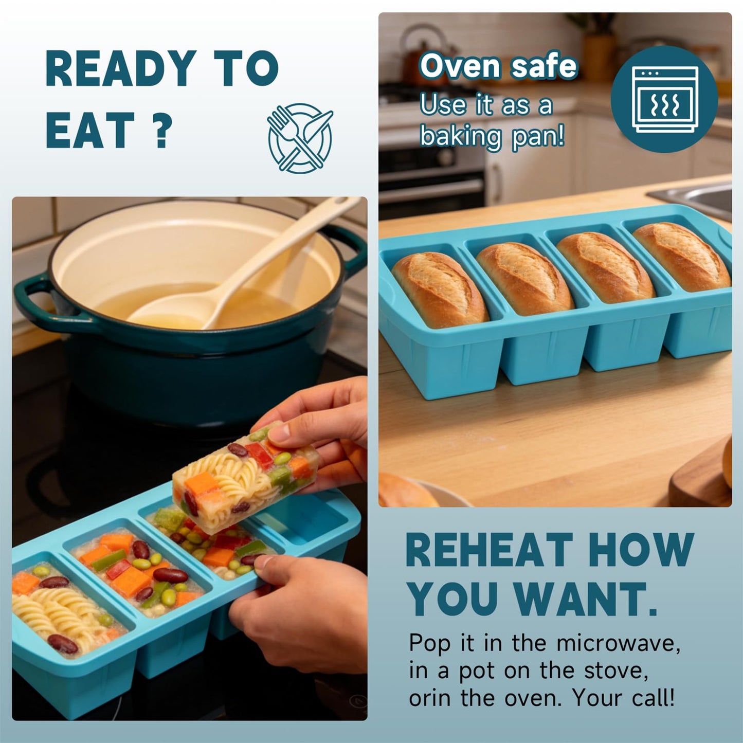 4-Pack Silicone Freezer Trays with Lid & 20 Bags - Multi-Size 1-Cup & 2-Cup Portions, Food-Grade Silicone Freezer Molds for Soup & Meal Prep - Freezer Storage Containers, Oven & Dishwasher Safe - Blue