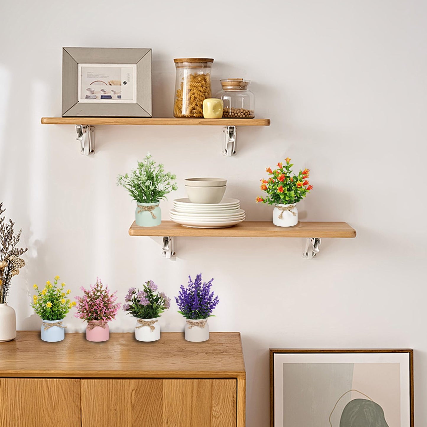 Yoratee 6pcs Artificial Pot Flowers Small Fake Plants Mini Potted Plants for Home Office Tabletop Decoration