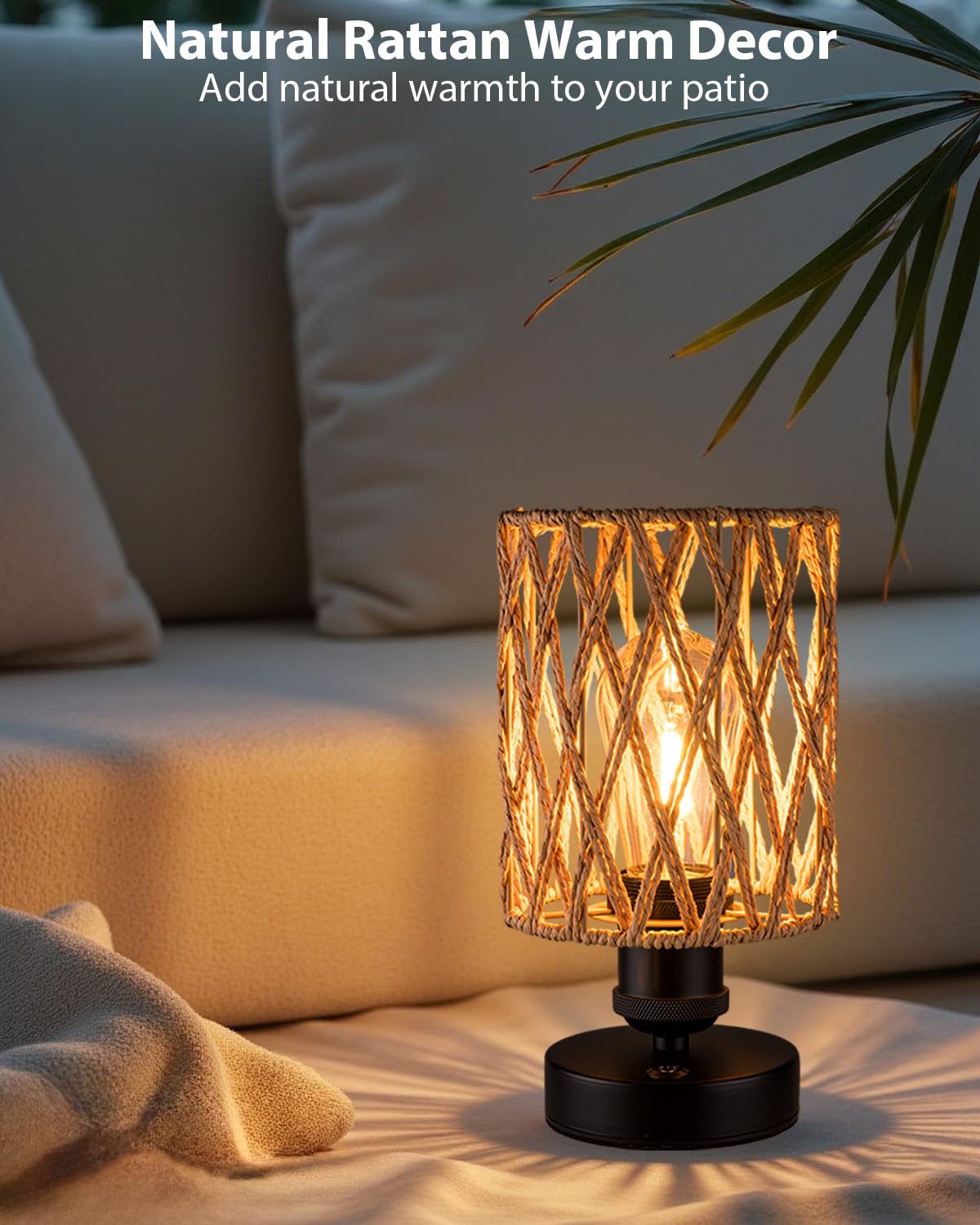 ALL FORTUNE Cordless Outdoor Table Lamps, Small Rattan Boho, Rechargeable Battery Operated for Outdoor Patio, Home, Living Room, Bedroom, Bedside - Set of 2 (Beige-A)