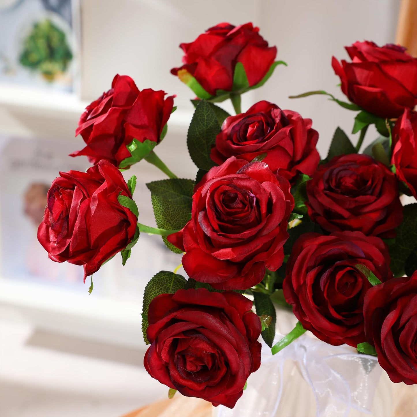 Nubry 50pcs Artificial Burgundy Roses Bulk, Fake Red Roses Flower with Stems Realistic Flowers for Wedding Centerpiece Home Party Decor(Burgundy)